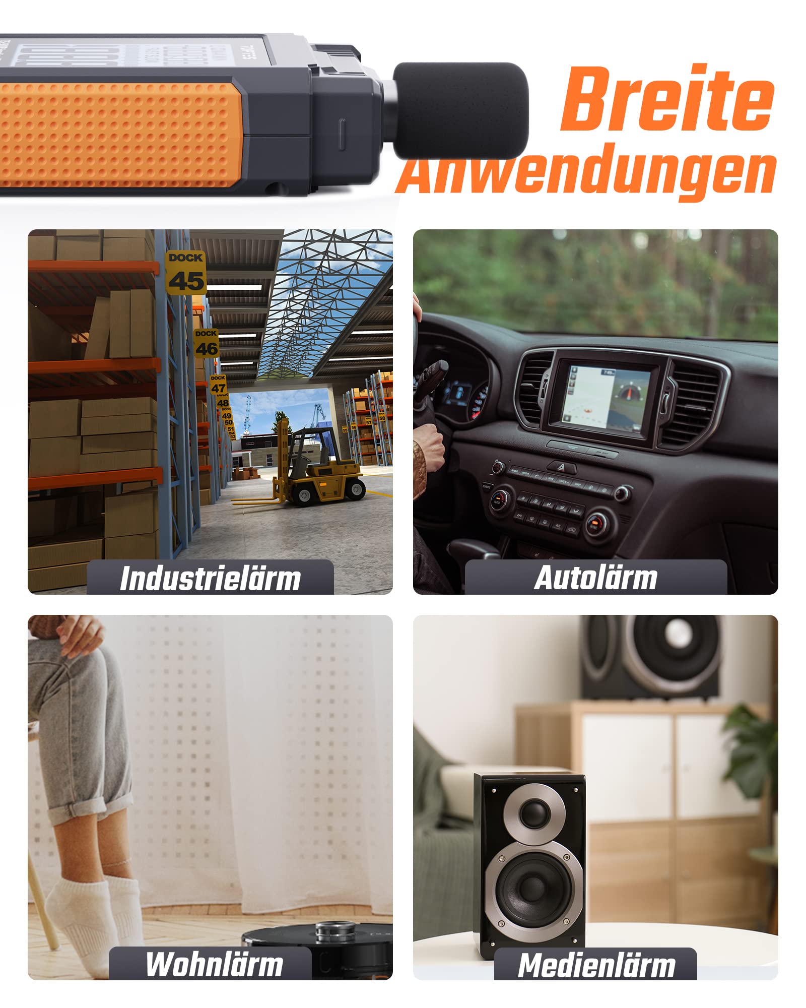 Dezibel Messgerät, TopTes TS-501B Schallpegelmesser mit 2,24-Zoll-LCD-Bildschirm mit Hintergrundbeleuchtung, A/C-gewichtet, Bereich 30–130 dB, MAX/MIN, Datenspeicherung – Orange