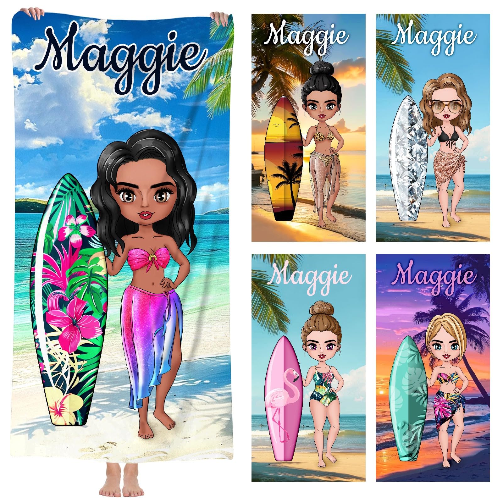 RXLLDOLY Personalised Beach Towel Microfiber, Cartoon Dress Up Bath Towels with Name, Custom Beach Towel for Bestie Couple Family Pool Party Gift (Women)