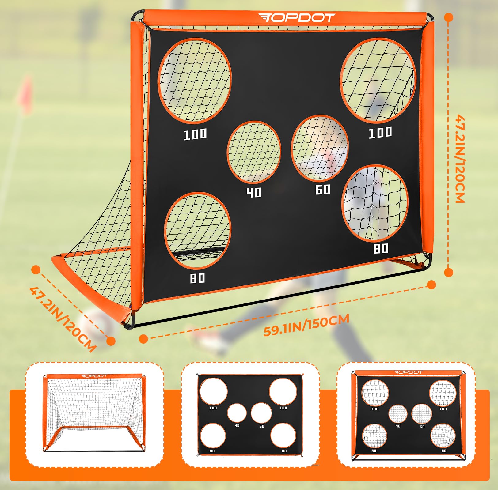 Topdot Porta da calcio per bambini, 2 in 1, pieghevole, per allenamento in cortile e giochi sportivi all'aria aperta, arancione, 150 × 120 cm