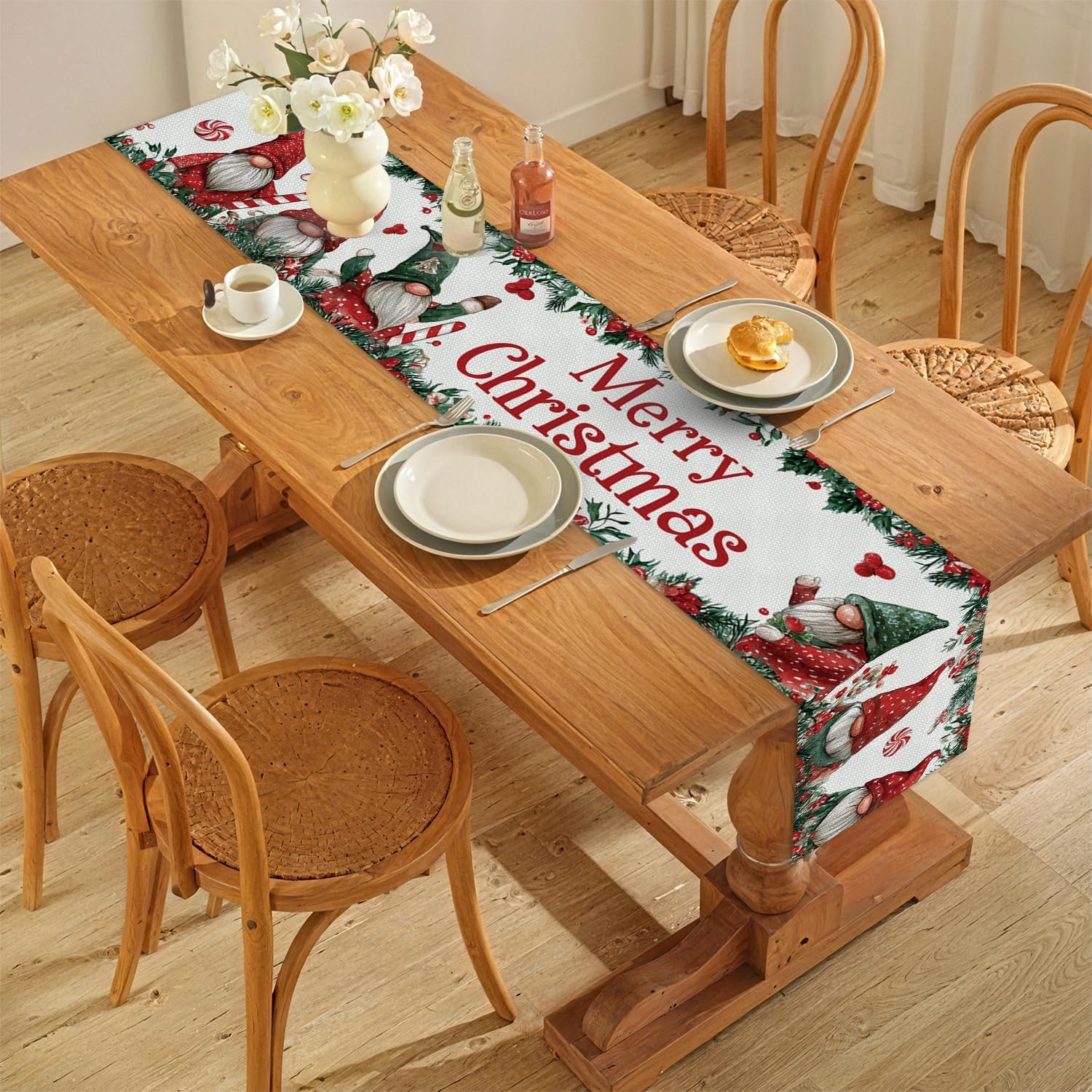 Merry Chrismas Santa Claus Table Runner and Placemats Set of 4 Cotton Linen Dining Decor for Daily Use Vintage Dining Mat Set Chrismas Decorations (13"x72", 12"x18")