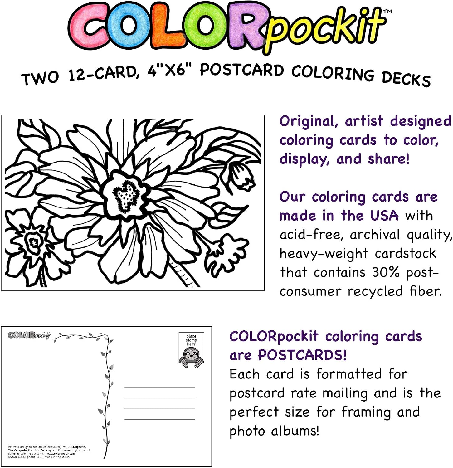 COLORpockit 4x6 Postcard Coloring Book Card Decks with Round & Round and Floral Fun. Refills for COLORpockit Complete Portable Coloring kit. Contains Two 12-Card Coloring Decks.