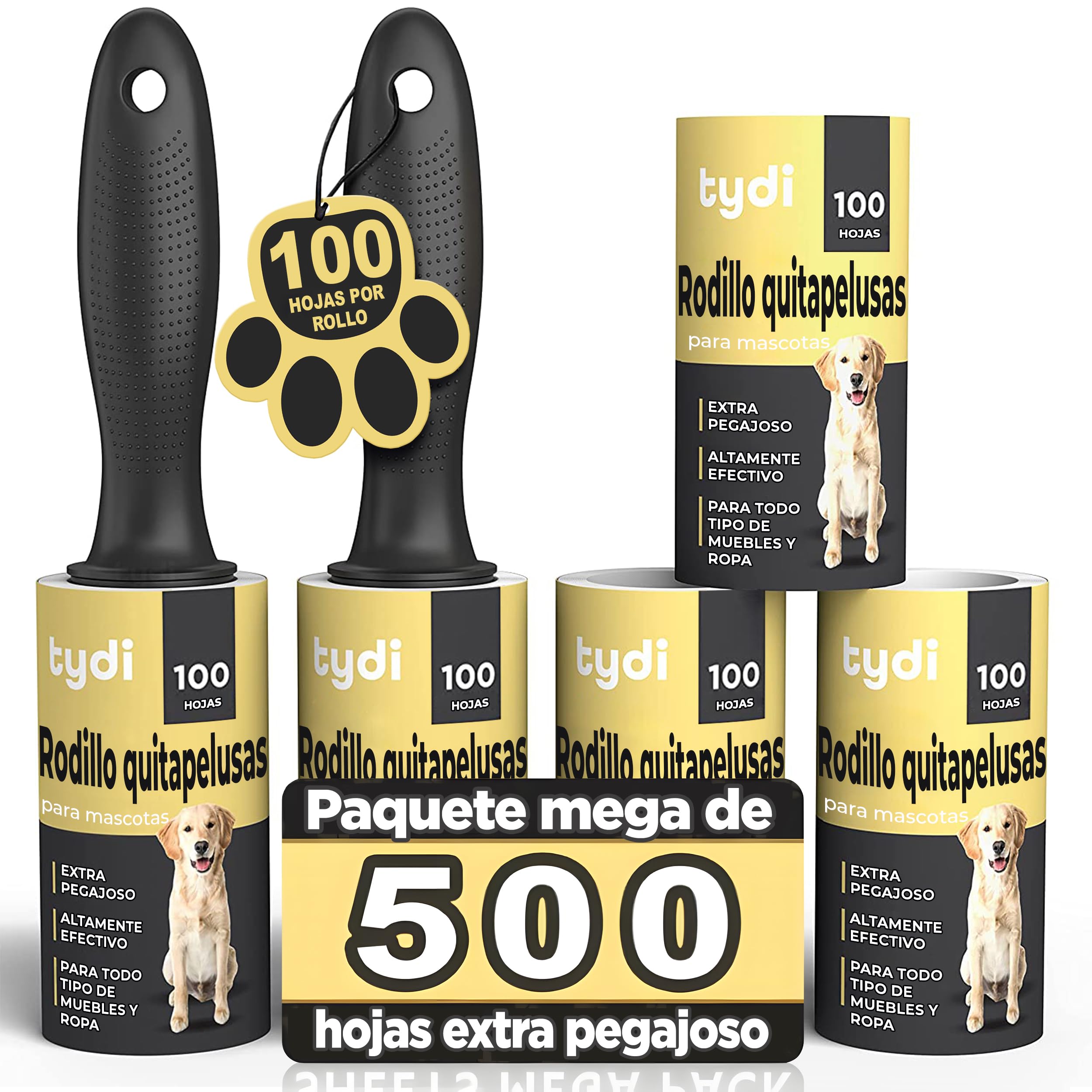 Tydi Quita Pelos Mascota - 500 Hojas de recambios de Quitapelos Mascotas y 2 Asas - 100 Hojas por Rodillo Quitapelos Mascotas - Rodillo Quitapelusas - Quita Pelos Mascota en Ropa - Quita Pelusas Ropa