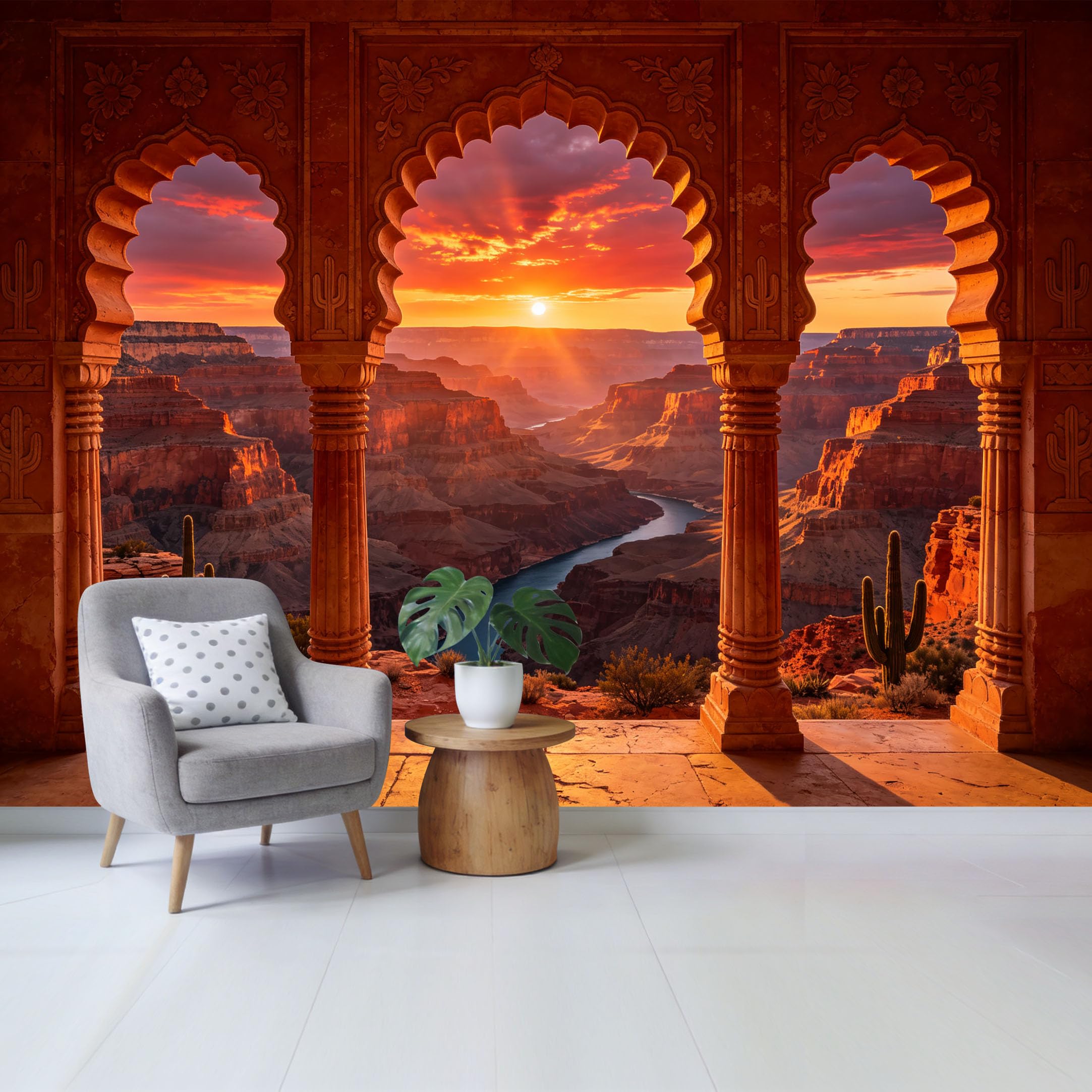 Custom Size Wall Mural Desert Canyon Sunset View Through Arched Window Landscape Removable Self Adhesive Fabric Home Wall Decor for Living Room Bedroom Bathroom