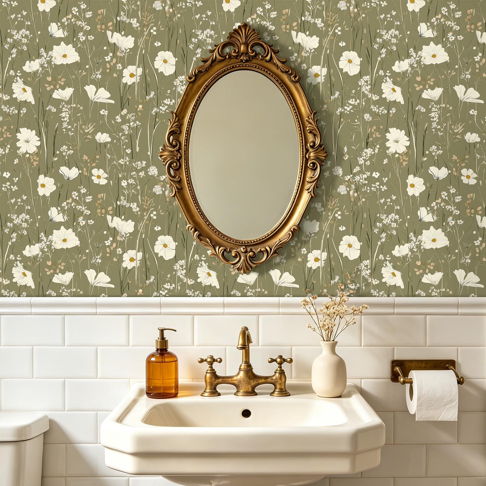 FunStick 44.5CMx9M Papel Pintado Pared Verde Flores Pequeñas Vintage Papel Pintado Autoadhesivo Muebles Cocina Armario Vinilo Adhesivo Verde Oliva Salón Vinilo Adhesivo Muebles Flores Pequeñas Hojas