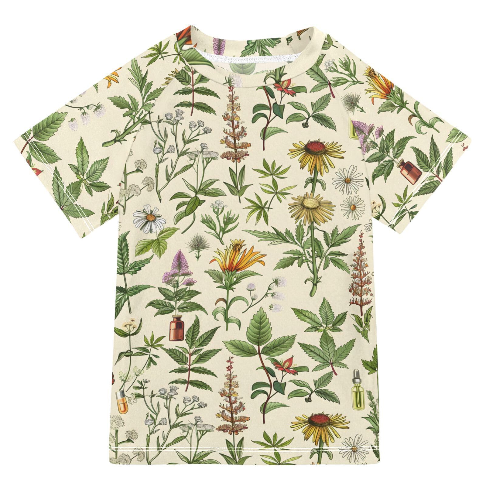 ALAZA Kids Rash Guard Boys Toddler Swim Shirts Short Sleeve Herbal Floristic UPF 50+ 3T