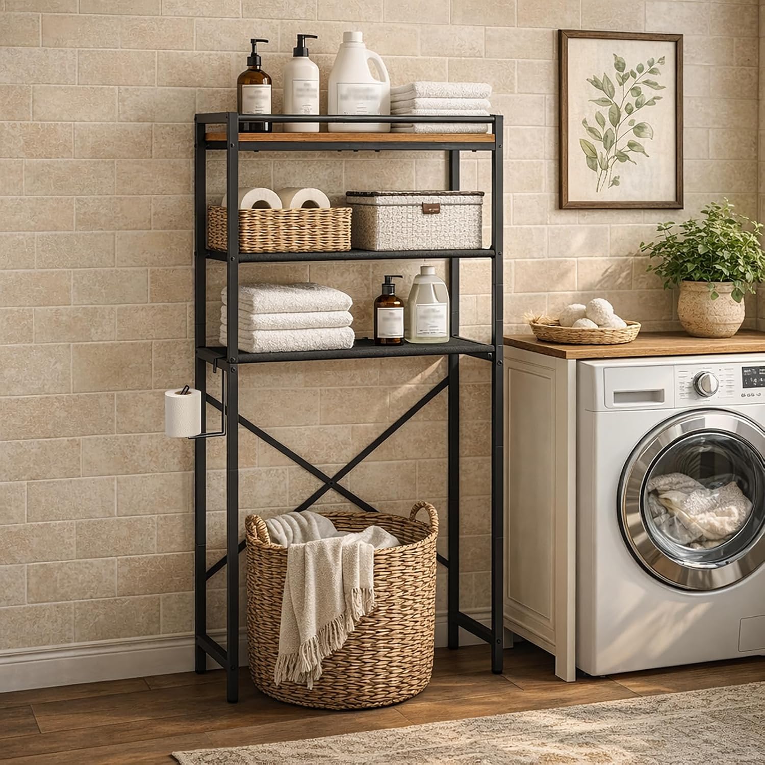 MAHANCRIS Over Toilet Storage, 3-Tier Bathroom Organizer Shelf with Toilet Paper Holder, Freestanding Space Saver Bathroom Shelves Above Toilet for Bathroom, Laundry Room, Rustic Brown TSHR1201