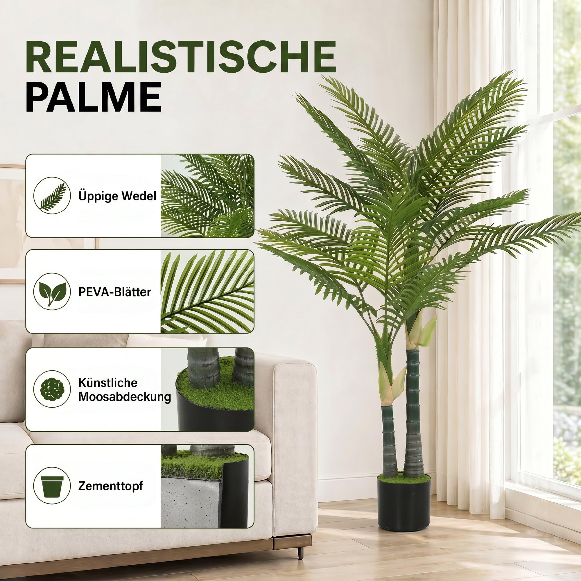 HOMCOM Sztuczna palma, 150 cm, z 16 listkami palmowymi, duża, sztuczna roślina w doniczce, sztuczne rośliny, jak prawdziwa roślina pokojowa, do salonu, biura, na balkon, dekoracja sypialni