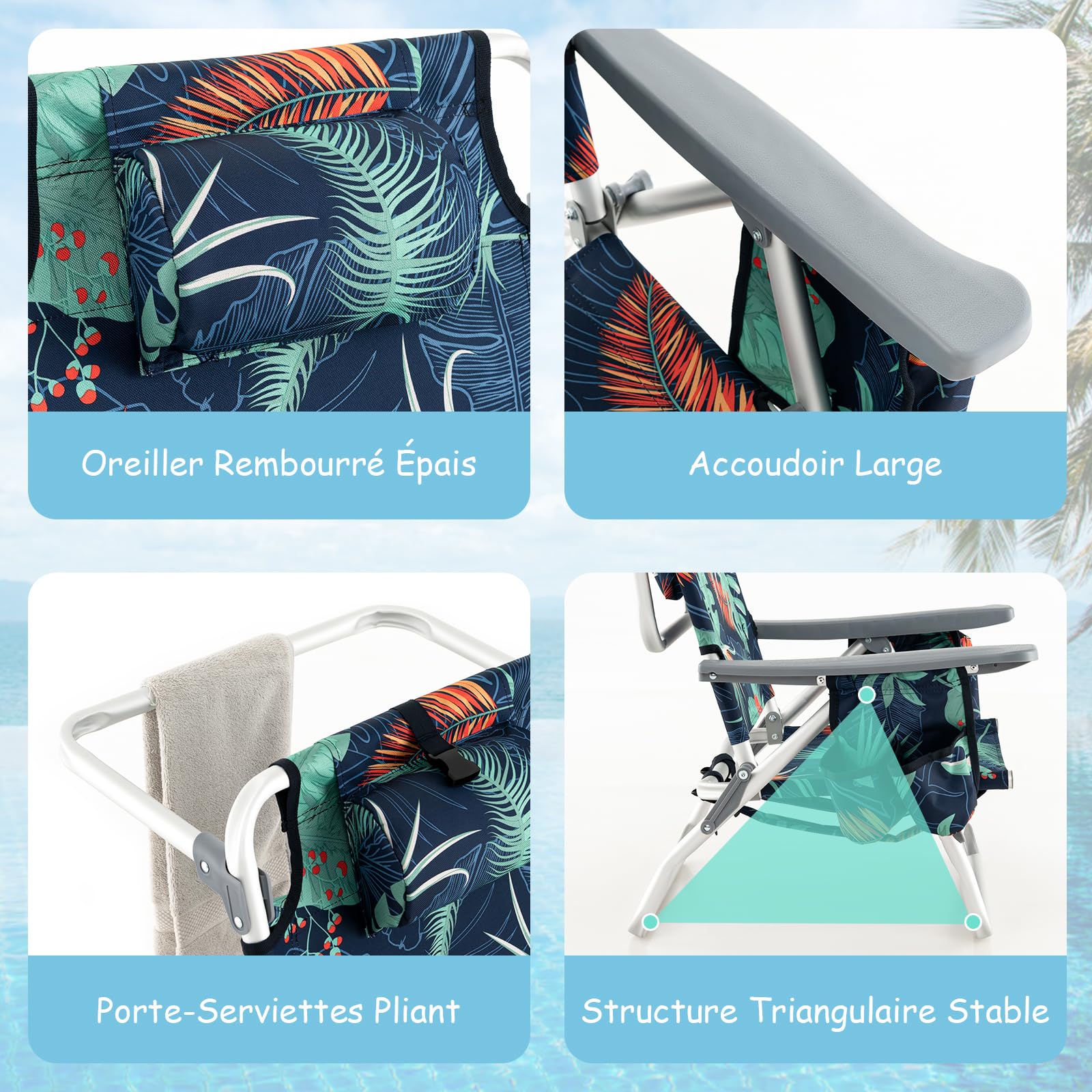 COSTWAY Lot de 2 Chaises de Plage Pliante avec Table Enroulable en Aluminium, Fauteuil de Jardin Inclinables à 5 Positions Charge Max 136 KG, pour Randonnée Plage Pêche (Floral)