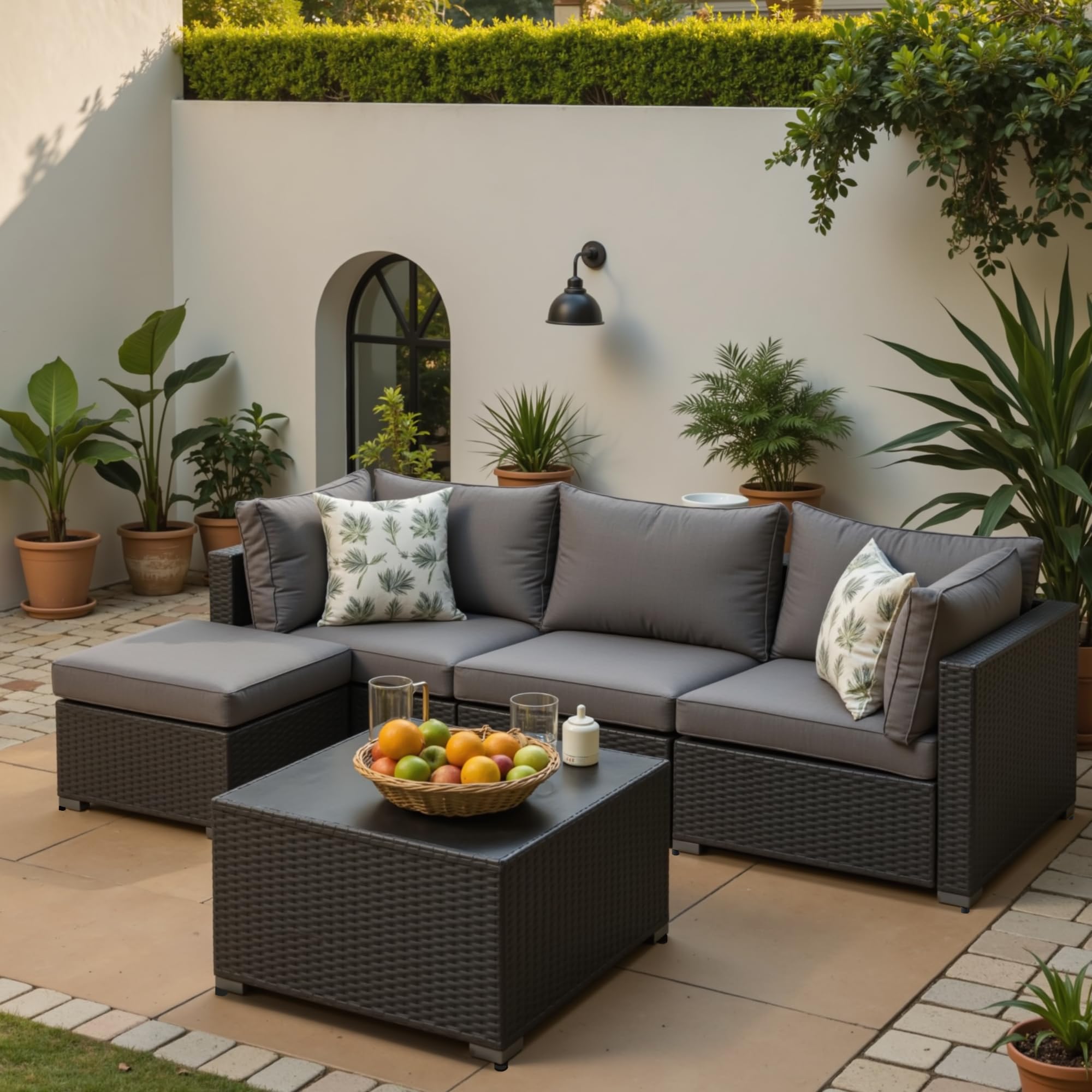 Patio Furniture Set, 5PCS Outdoor Sectional with Ottoman Wicker Rattan Patio Furniture with Thickened Cushion Modular Wicker Patio Conversation Set