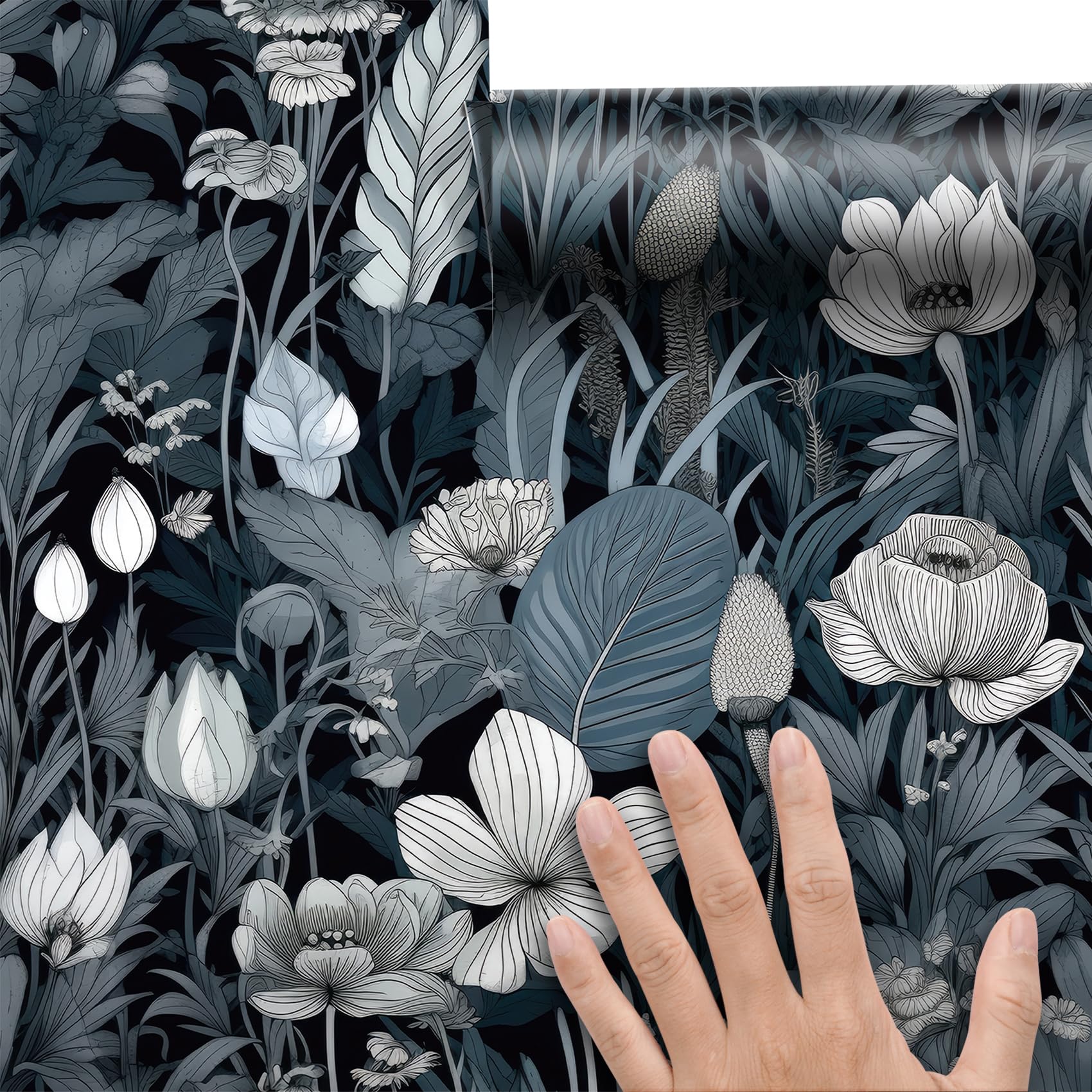 Livelynine Carta da Parati Floreale Foglie Tropicali Moderna 44.5CMx7M Carta da Parati Autoadesiva Forale Palme Grigio Blu Pellicola per Mobili Adesiva Fantasia con Fiori Jungle Tropicale Camera Letto