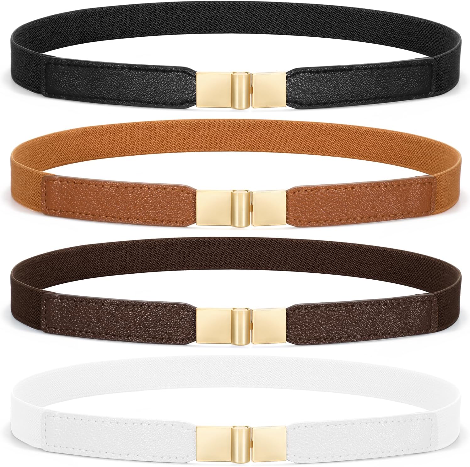 SUOSDEY 4 Pack Women Skinny Elastic Belt, Ladies Stretch Belt for Dresses Pants Thin Waist Gold Buckle Belt