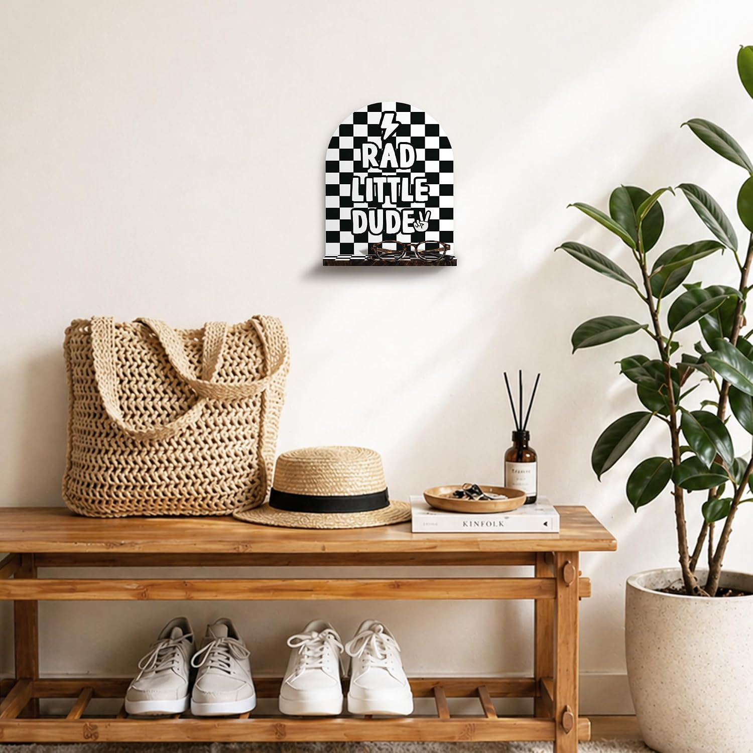 Boy Nursery Wall Shelf, Rad Little Dude Wooden Hanging Floating Shelves, Retro Black Checkered Hanging Shelf Wall Decor for Kids Toddler Boys Room Bedroom Playroom Bathroom