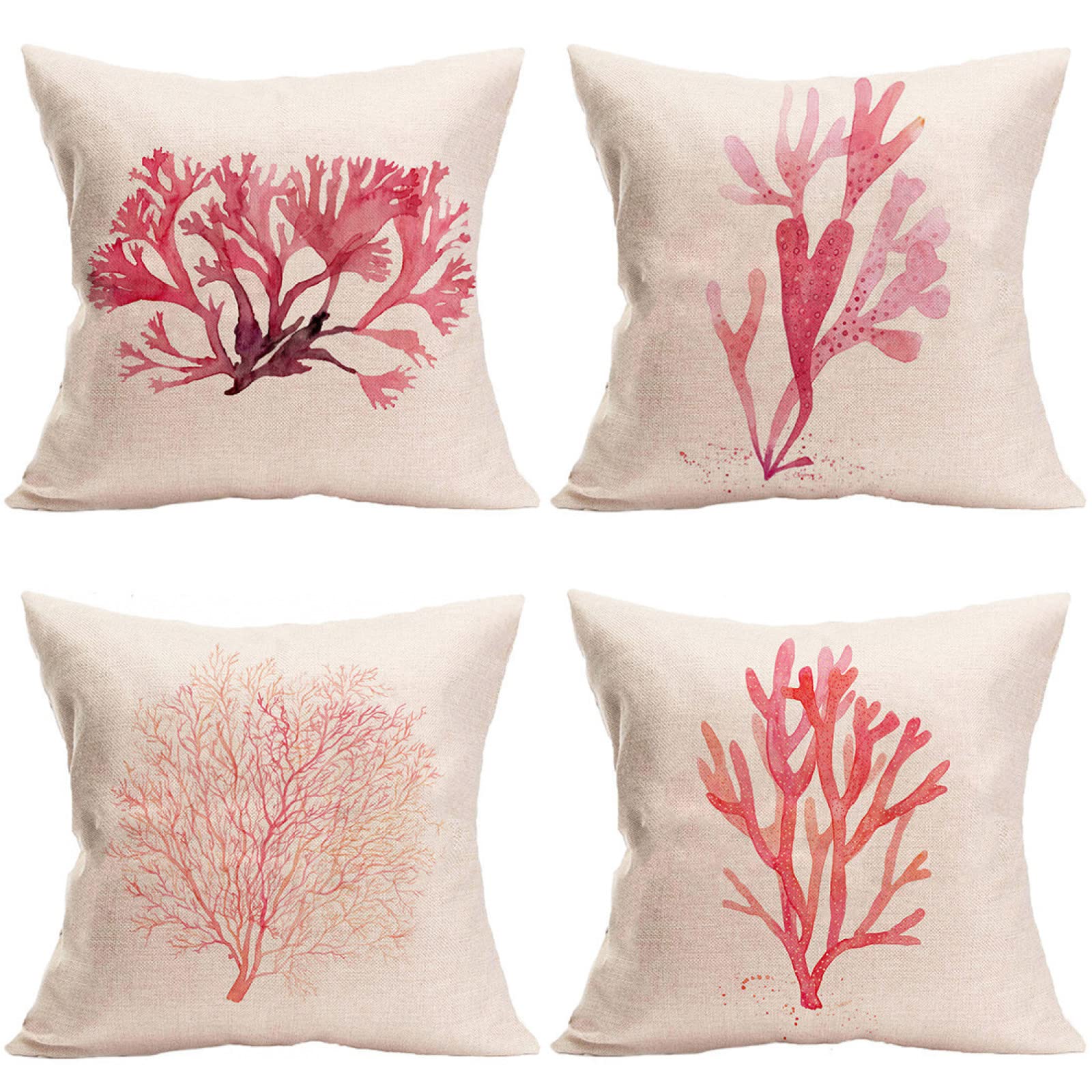 Taie d'oreiller 60x60cm lin lot de 4 housses de coussin carré motif plante rouge avec zip