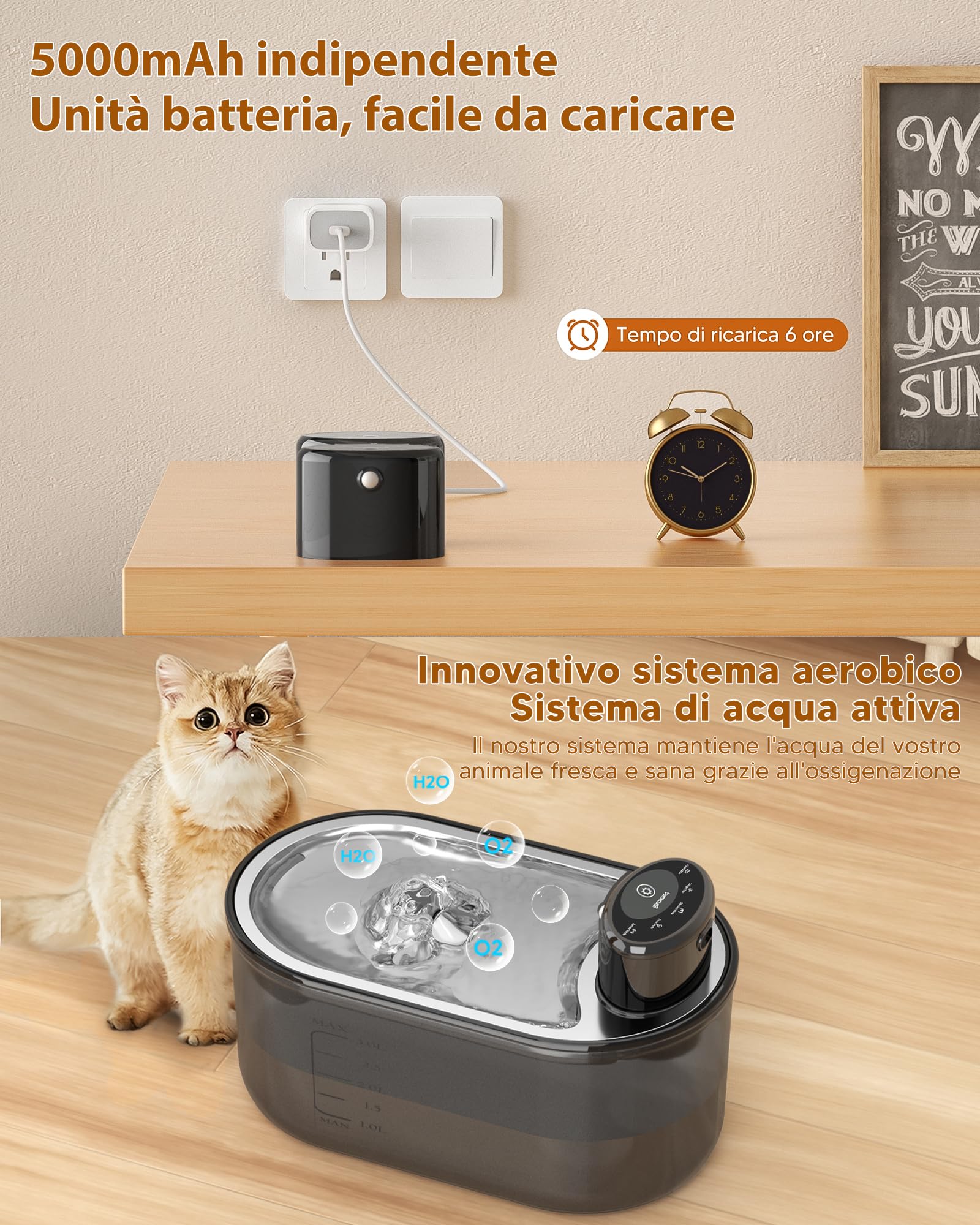 TOMXCUTE Fontanella per Gatti 3L con Batteria 5000mAh | Ciotola in acciaio inox, sensore di movimento e distribuzione automatica dell'acqua.