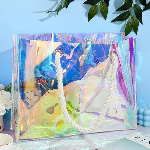 Miniatura 3 de 4 bolsas holográficas transparentes de PVC iridiscente con asas de cuerda de 11.8 x 15 x 4 pulgadas, bolsa aprobada para estadios, bolsos