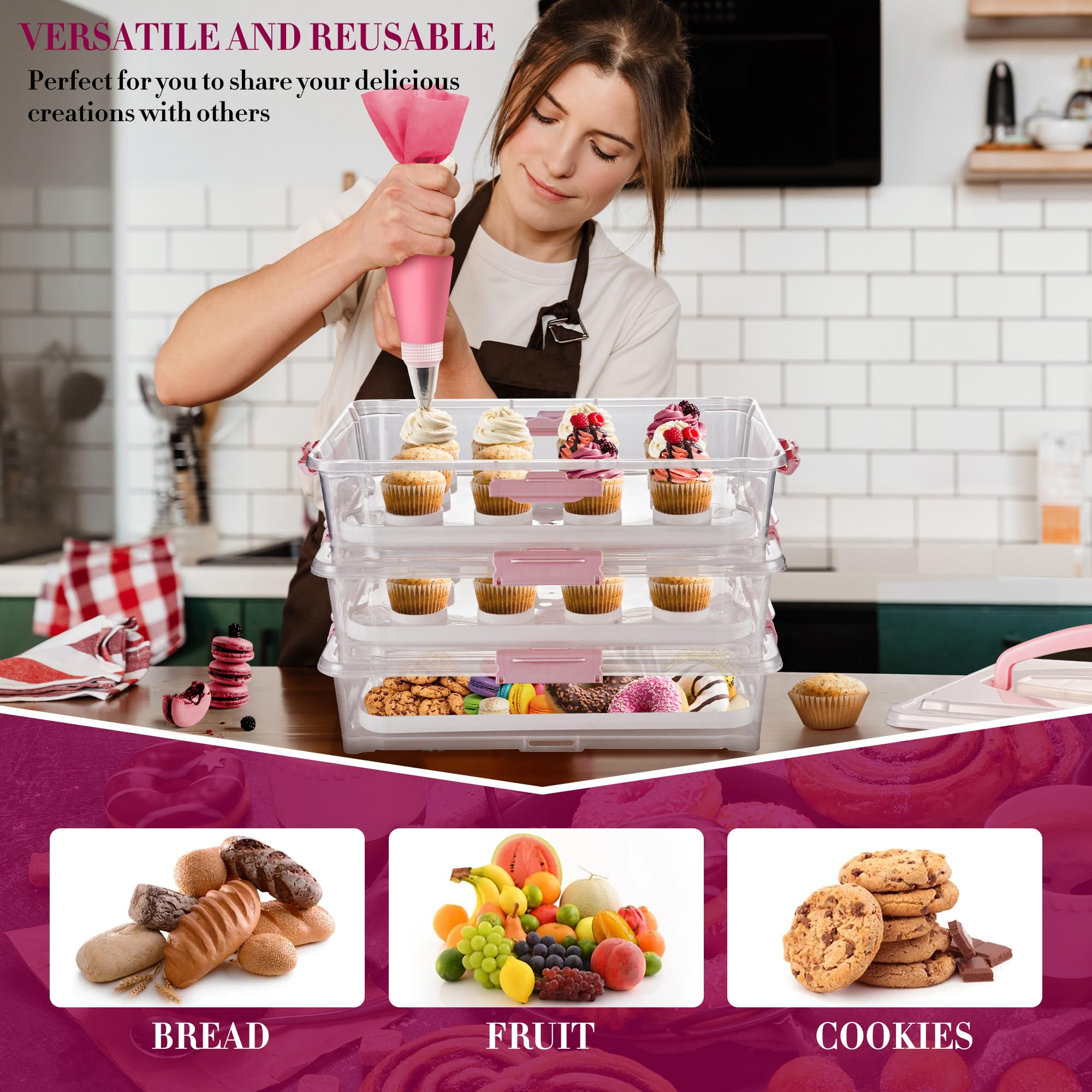 ARC - Porta cupcake a 3 ripiani (rosa) – Porta cupcake e contenitore per il trasporto di torte che può contenere fino a 36 cupcake o 3 torte grandi, senza BPA, ideale per feste e festival