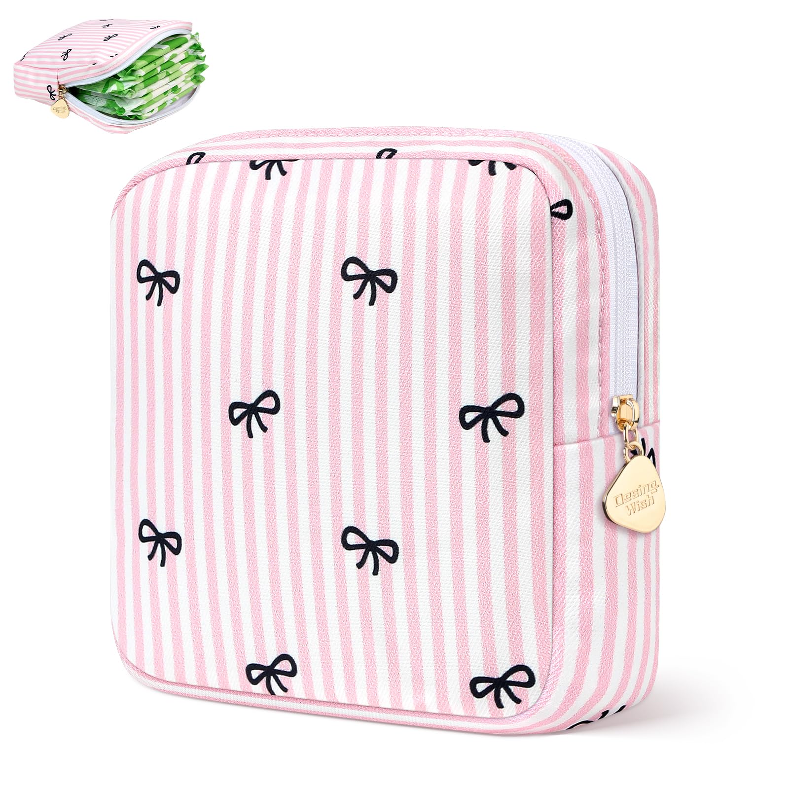 Sanitary Pad Storage Bag Portable Period Bag for Teen Pads/Sanitary Napkins/Small Tampons, Sanitary Napkin Storage Bag First Period Gifts for Teen Girls (Pink Stripe Bowknot)