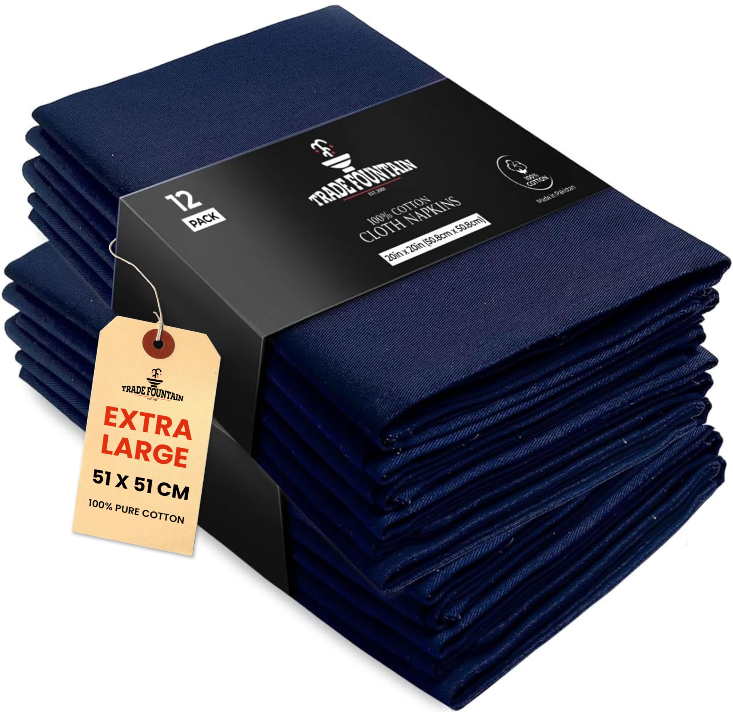 Trade Fountain Blue Cotton Cloth Napkins [12 Pack] – Extra Large 51 x 51 cm Reusable & Washable Dinner Napkins | Fabric Table Serviettes for Home, Parties, Weddings & Christmas Events
