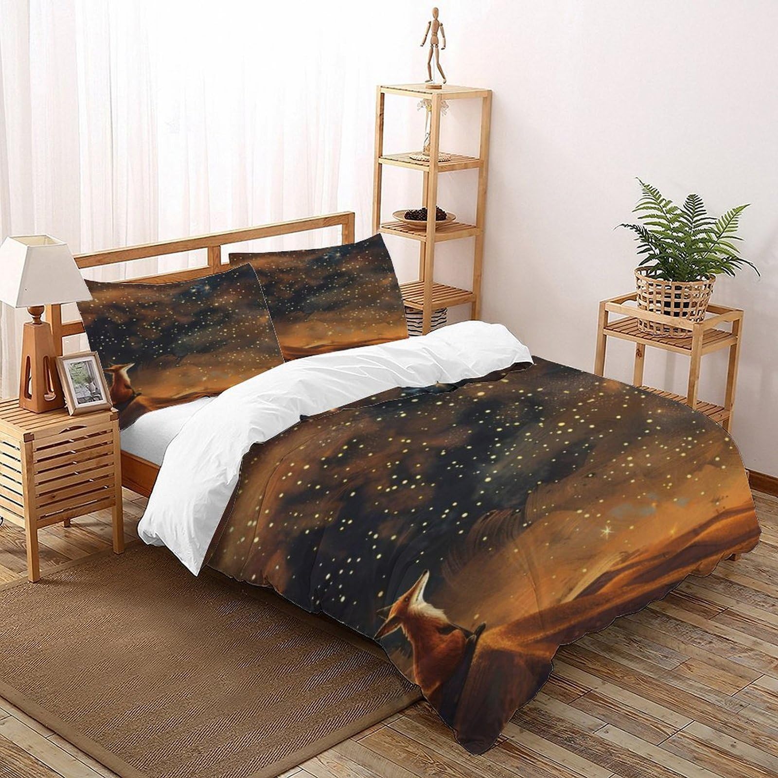 Fox Starry Sky Bedding Set 3D Design Animal Themes Wildlife Duvet Cover Set Chic Breathable Comforter Cover Suitable for Family,couple,children Pillowcase Super King（260x220cm）