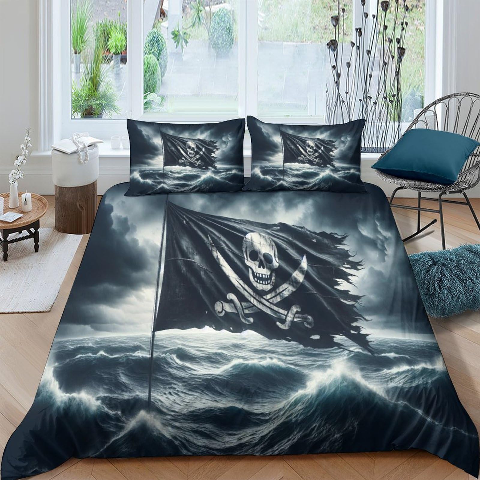 Ctjqhvkz Style-10 3D Printed Pirate Flag Fitted Sheet Microfiber Soft Black Skull Ocean Mattress Cover For Bedroom Dorm Mattress Protection Decor Single（135X200cm）