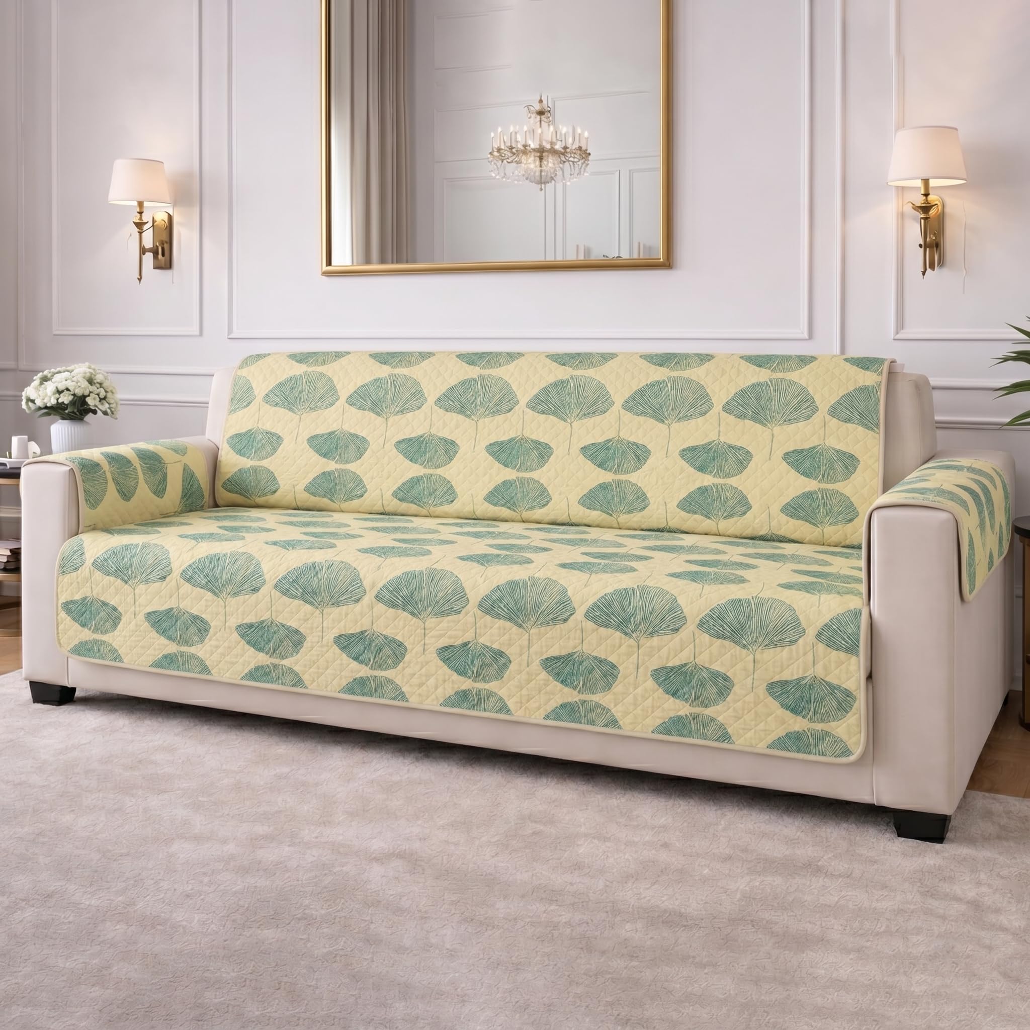 STITCHNEST 'CloudFeel Series' Quilted Printed Velvet Sofa Cover for 3 Seater | Premium Soft Velvet Sofa Protector | Green Leaf Print Design with Armrest Pockets | Furniture Cover