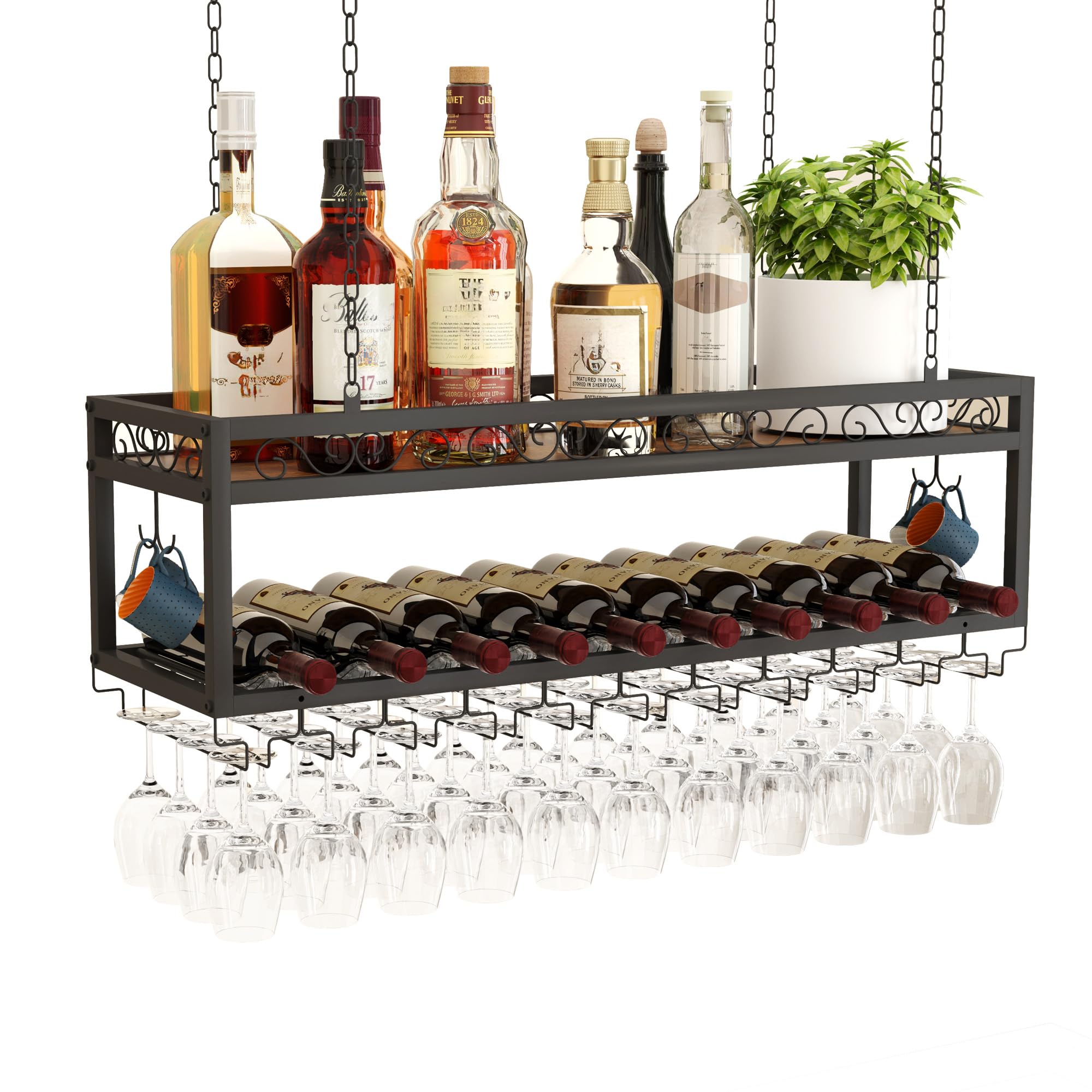 Estantería de techo para vino, altura ajustable, con soporte de cristal y cadena de hierro, 2 capas, estilo industrial, para bares, restaurantes, cocinas, cafeterías