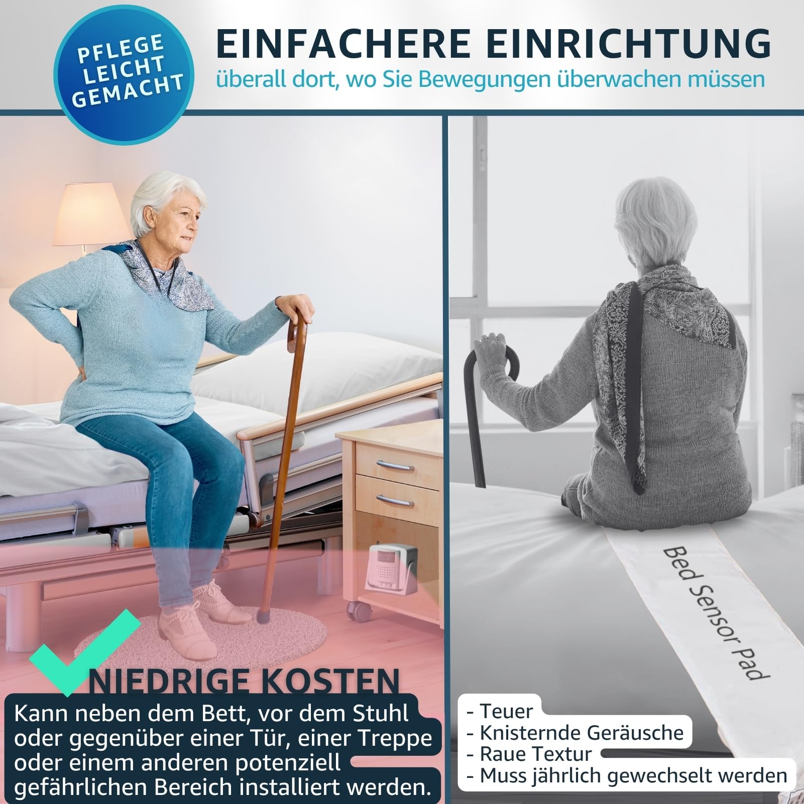 Pflege-Pager mit 2 Bewegungssensoren, kabelloser Bettalarm | Pflege-Rufsystem für Senioren, Patienten und Demenzbetreuung mit zuverlässiger Bewegungs- und Bettüberwachung