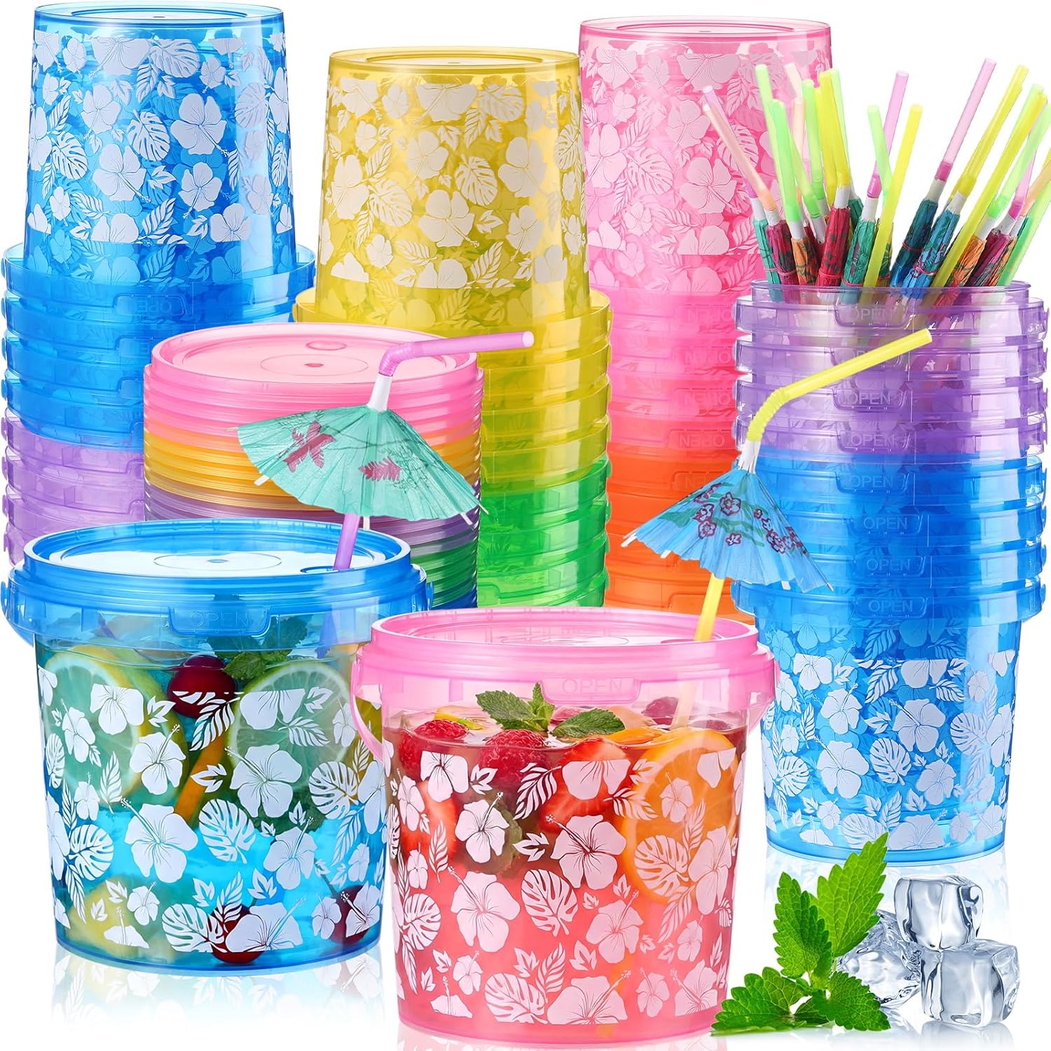 Funnymoom 24 Pcs 32 oz Hawaiian Plastic Drink Buckets with Lids and Umbrella Straws Hibiscus Luau Party Reusable Cocktail Rum Cup Beer Bucket Summer Punch Bowls for Aloha Tropical Beach Party