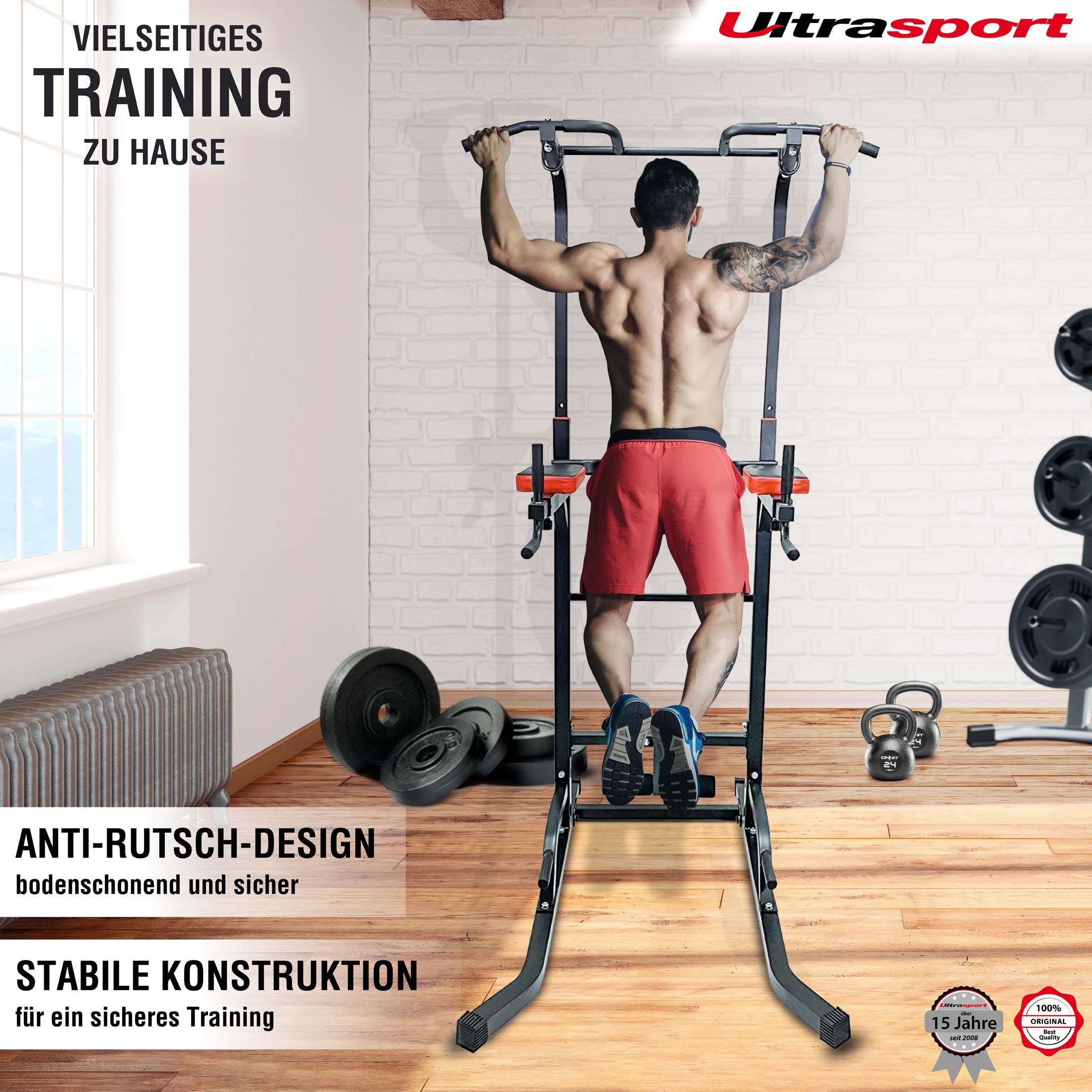 Ultrasport Power Tower, Klimmzug, Dip Station, Fitnessturm, höhenverstellbar, Heim Fitnessstudio, Kraftturm, verstellbar bis 150 kg Nutzergewicht