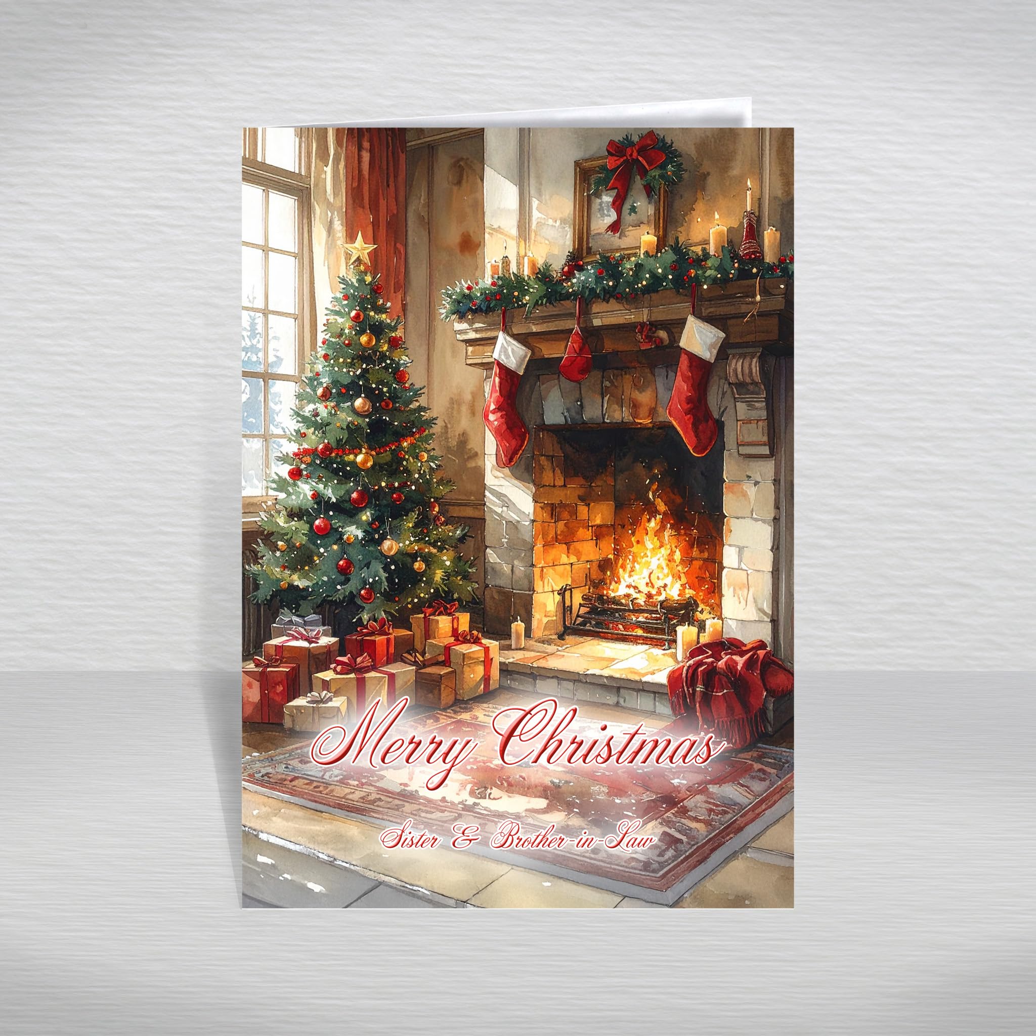 Christmas Card for Sister and Brother-in-Law, Couple – Gifts Beneath the Tree & Cosy Fireplace Scene, A5 Traditional Greeting Card with a Special Verse Inside: Sister and Brother-in-Law Christmas Card — image 1
