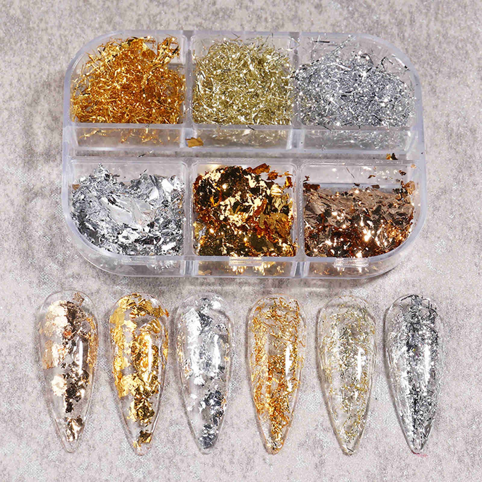 Paillettes Flocons de Feuille d'or Nail Art Holographique 2Pcs Gold Leaf Paper Metallic Foil Flakes Mix Or Argent Cuivre