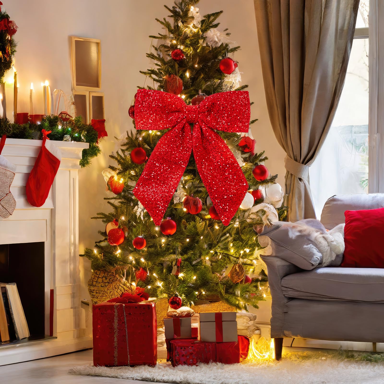 Hungdao 60 cm große glitzernde Stoffschleife mit Pailletten, dekorative Verpackung, Geschenk, Dekoration für Weihnachtsbaum, Kamin, Kranz, Urlaub, Party-Dekoration (rote Farbe)