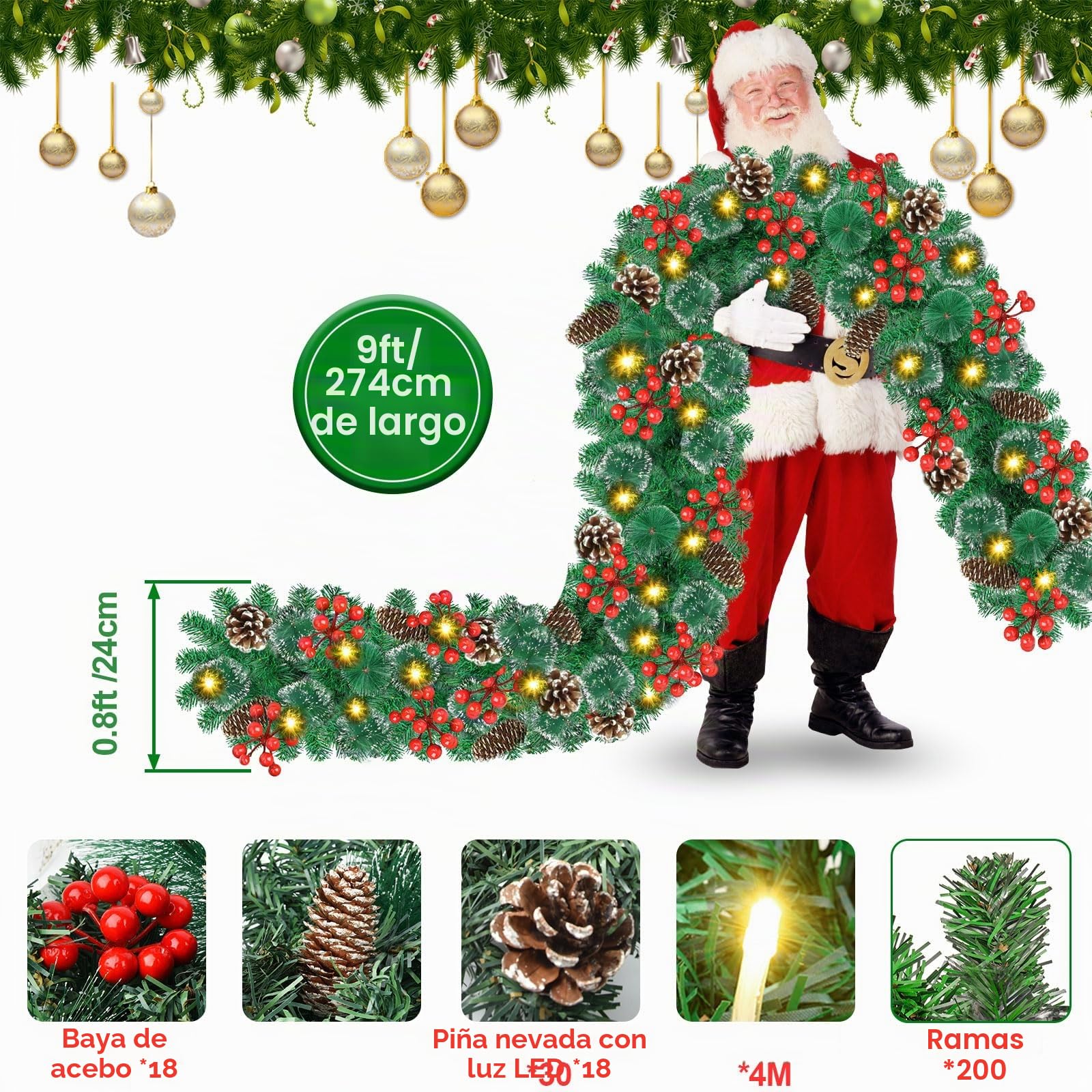 Timiyou Guirnalda Navidad 2.7M con Luces y 200 Puntas de Ramas - Impermeable, 30 LED y Temporizador Escaleras, Chimenea, Puerta y Decoración Interior/Exterior