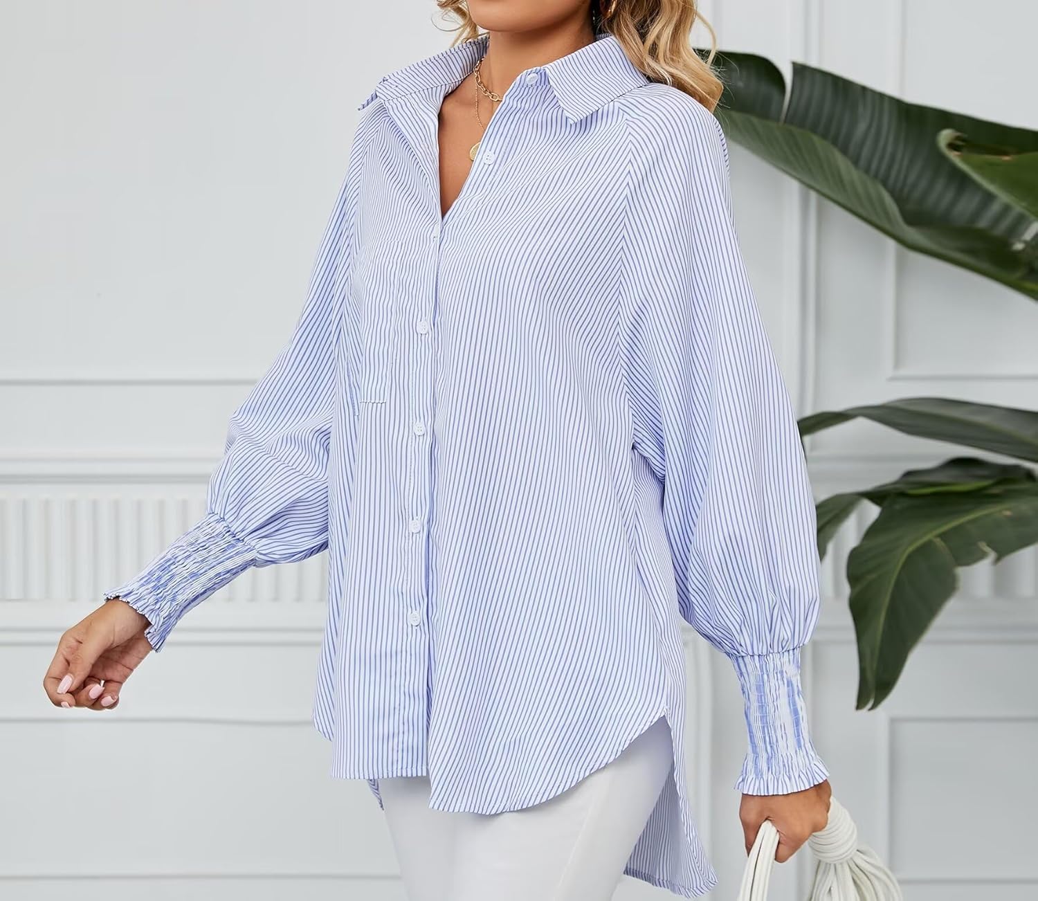 Ahtyeo Womens Smocked Cuffed Striped Boyfriend Button Down Shirts Casual Collar Long Sleeve Oversized Blouse Tops with Pocket - Image 4