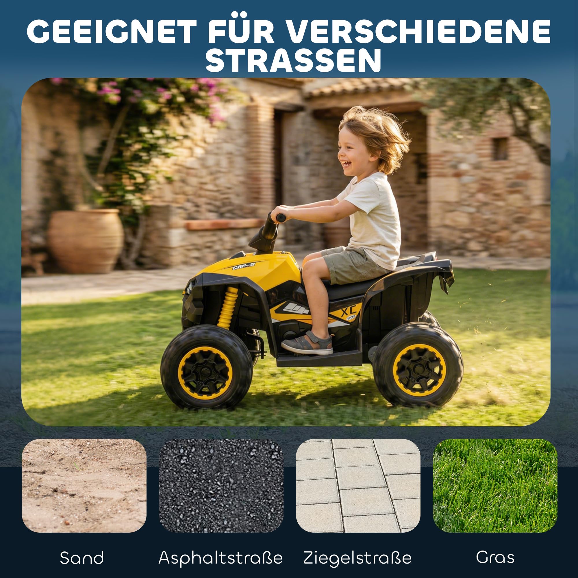 HOMCOM Kinder Quad Elektro 12V Kinderquad mit 35W Motor für 3-5 Jahre Gelb | Vorwärts-, Rückwärtsfunktion, Musik, USB-Anschluss, Hupe, LED-Scheinwerfer, 3-6km/h, Elektro-Quad