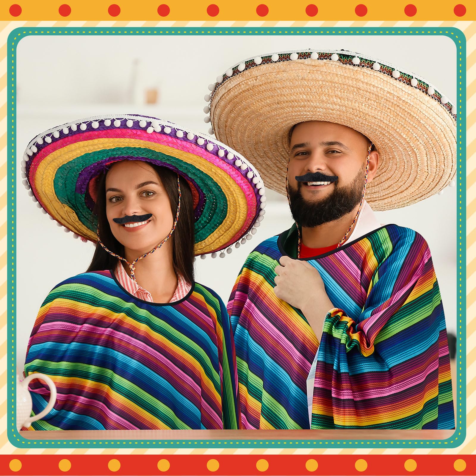 Hicarer Set de 3 Disfraces de Carnaval Mexicanos Poncho Mexicano Colorido Sarape de Fiesta Festivo Bigote Divertido Cigarro Falso para Hombre Mujer Adulto Cosplay Traje Accesorio (Color brillante)