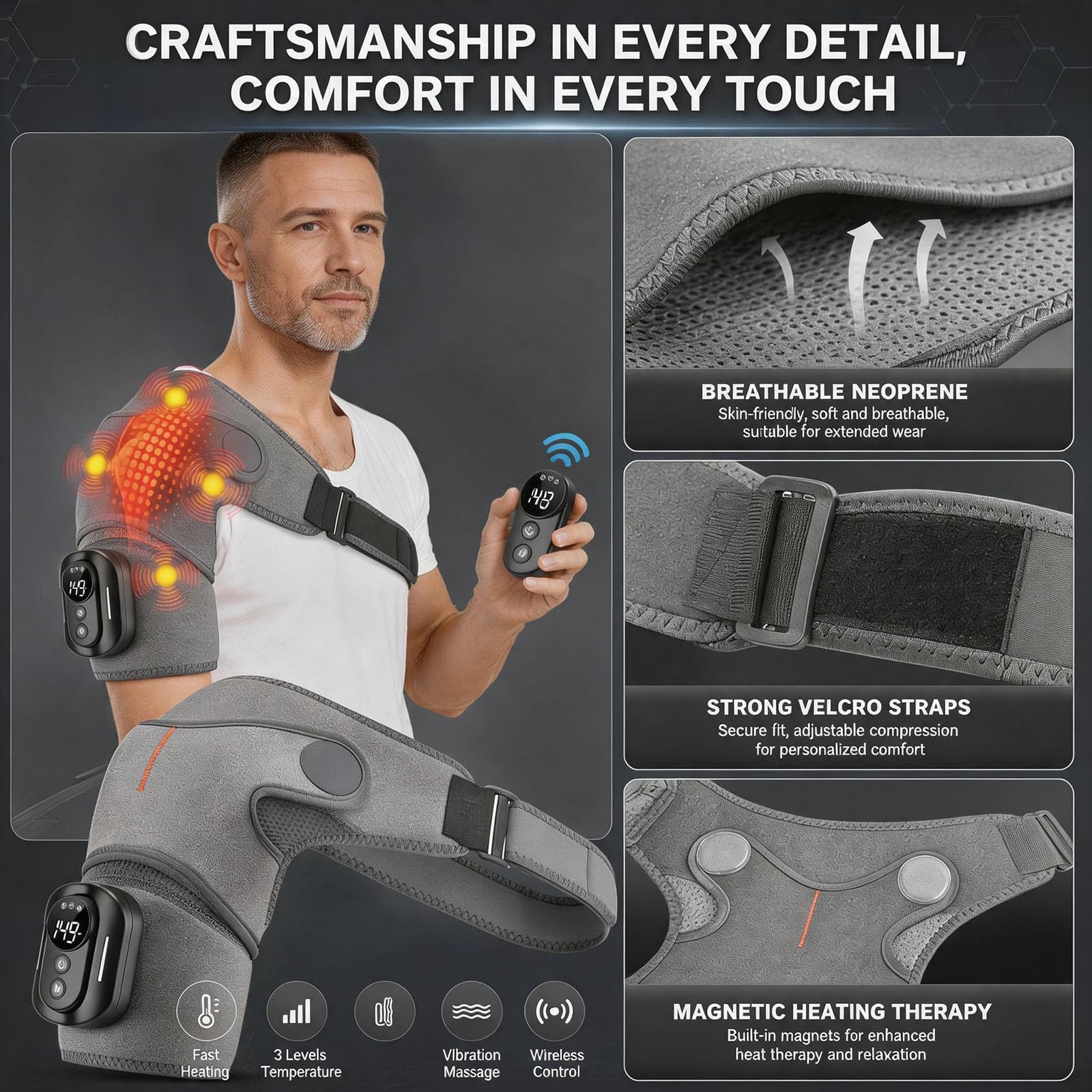 Triple Method Shoulder Massager, Schultermassagegerät Schultermassagegerät mit Wärme, 5000mAh Akku für Lange Laufzeit, 5 Vibramodi und Temperaturregelung, Funkfernbedienung (Grau)