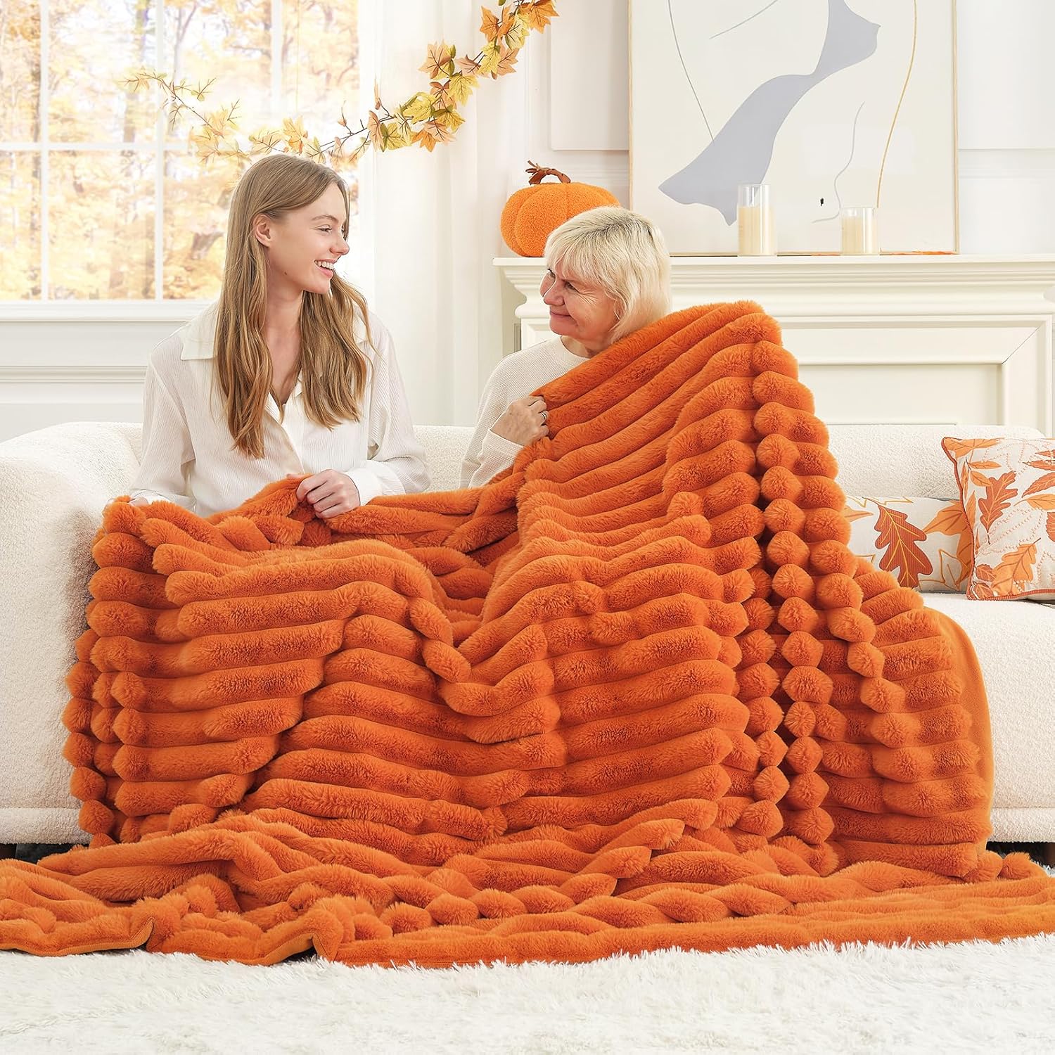 Cozy Bliss Faux Fur Throw Blanket for Couch, Cozy Warm Plush Striped Blanket for Sofa Bedroom Living Room, 50 * 60 Inches Burnt Orange - Image 5