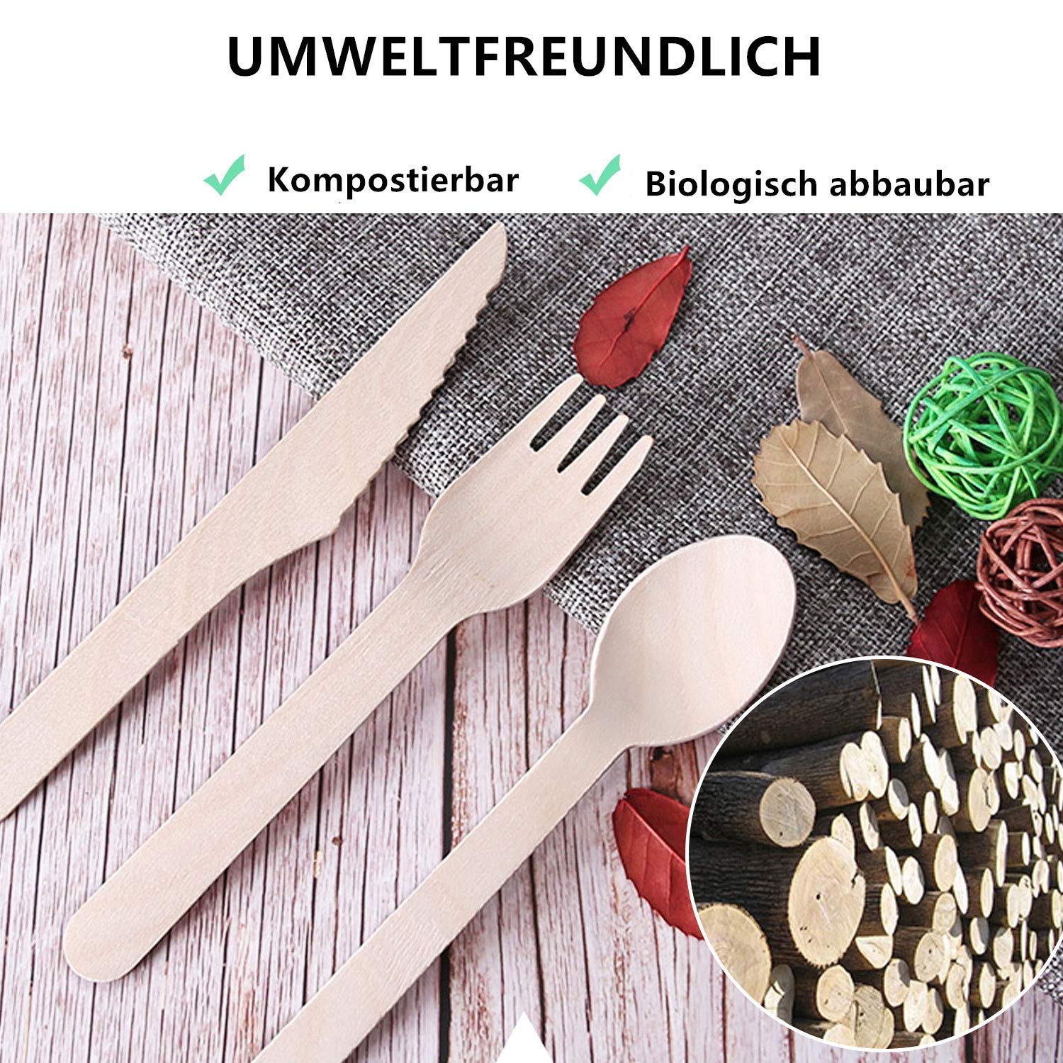 Posate usa e getta in legno biodegradabili compostabili, set per feste campeggio picnic 100 pezzi