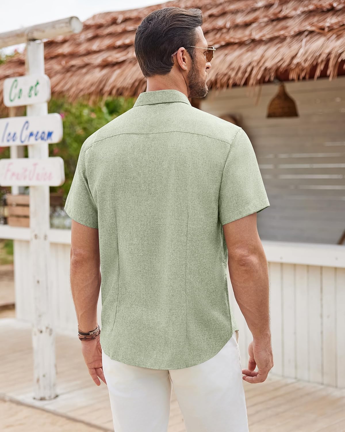 DEMEANOR Mens Linen Shirts Short Sleeve Wrinkle Free Untucked Shirt Casual Summer Beach Wedding Button Down Top with Pocket - Image 4