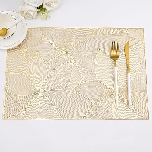 Miniatura 12 de Juego de 6 manteles individuales dorados, manteles individuales rectangulares lavables en masa de vinilo prensado para decoración de centro de mesa
