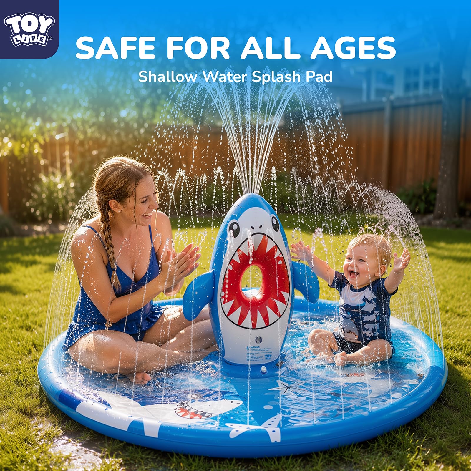 TOY Life Shark Splash Pad per bambini e cani, extra large, 178 cm, piscina con irrigatore all'aperto, per bambini dai 1 ai 3 anni, tappetino da gioco resistente antiscivolo per il divertimento estivo