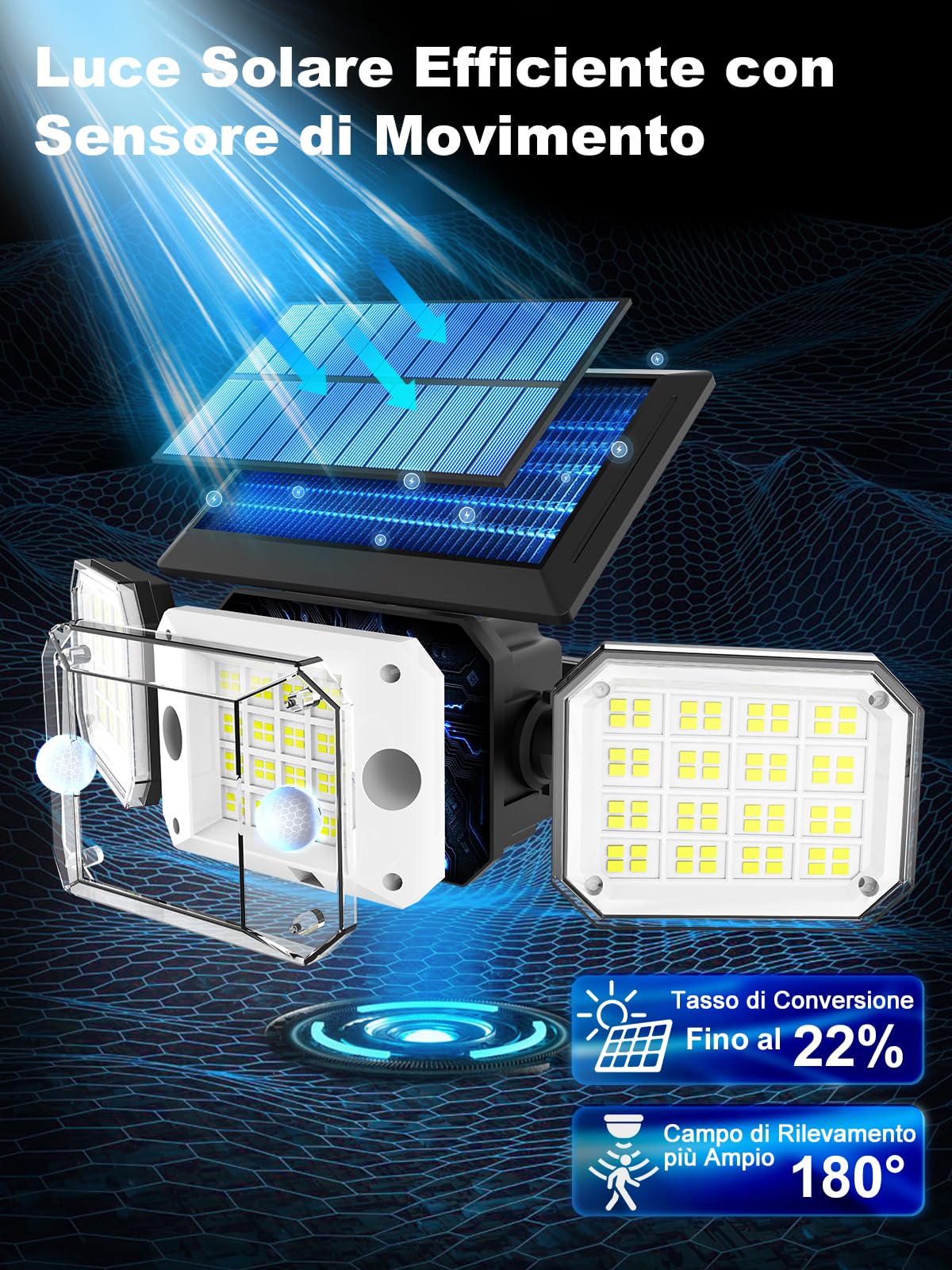 Faretto Solare Esterno LED Con Sensore Movimento E Allarme | Luce Da Giardino 600 Lumen Impermeabile IP67 - Foto 10