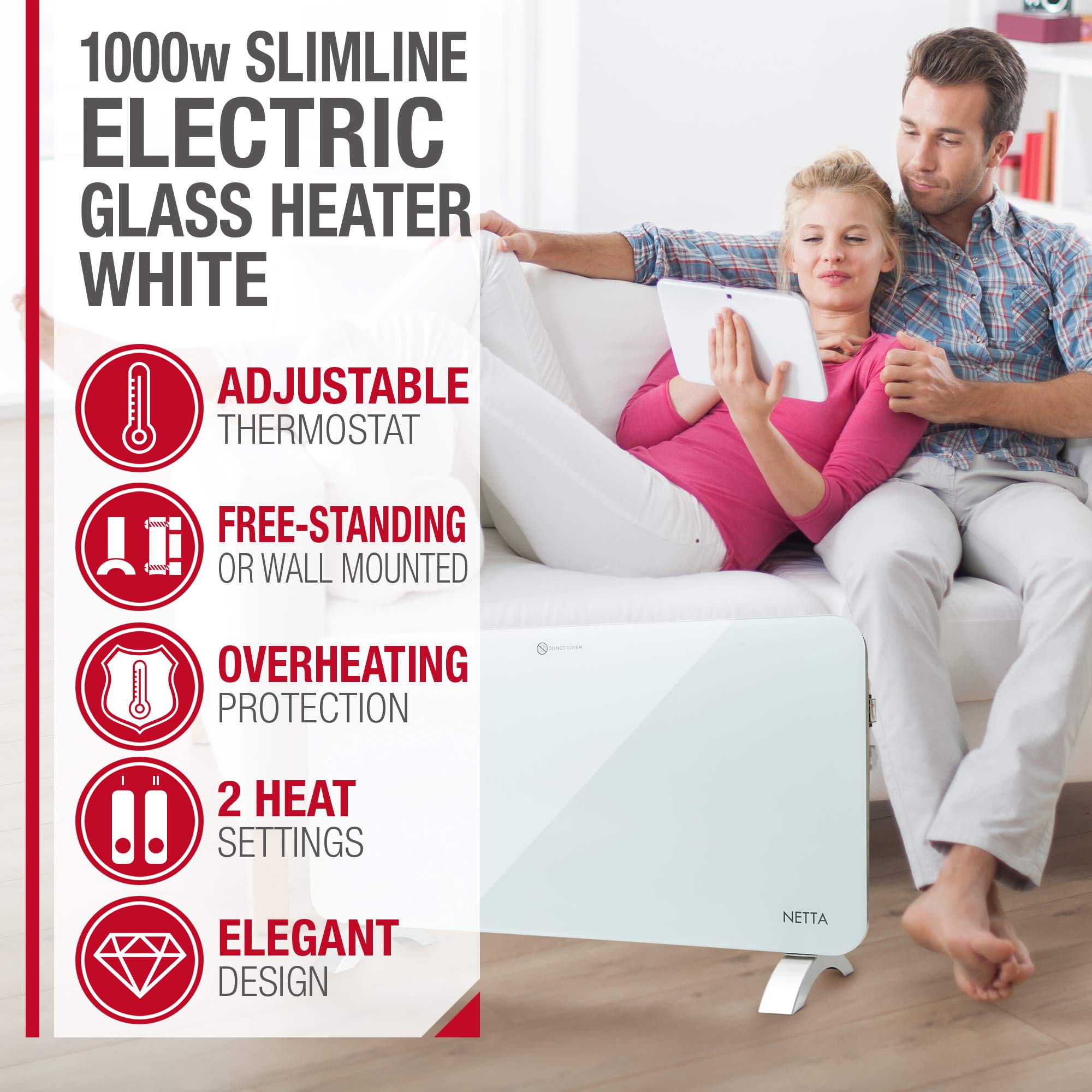 Netta Electric Panel Heater 1000w Slimline Glass Heater Wall
