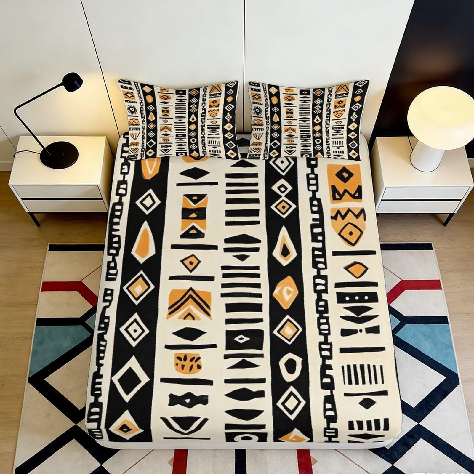 3D Printed Tribal Pattern Fitted Sheet Microfiber Soft Durable Geometric Mattress Cover for Bedroom Dormitory Guest Room Protection Decor 90x200x25cm