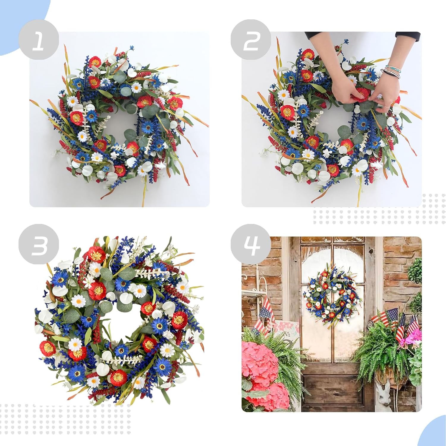 TEMPUS 20 Inch Patriotic Wreath for Front Door - Independence Day Red White Blue Daisy Grass Leaf Wreath, Memorial Day Flag Day Veterans Day Decoration, Spring Summer Outdoor Home Decor