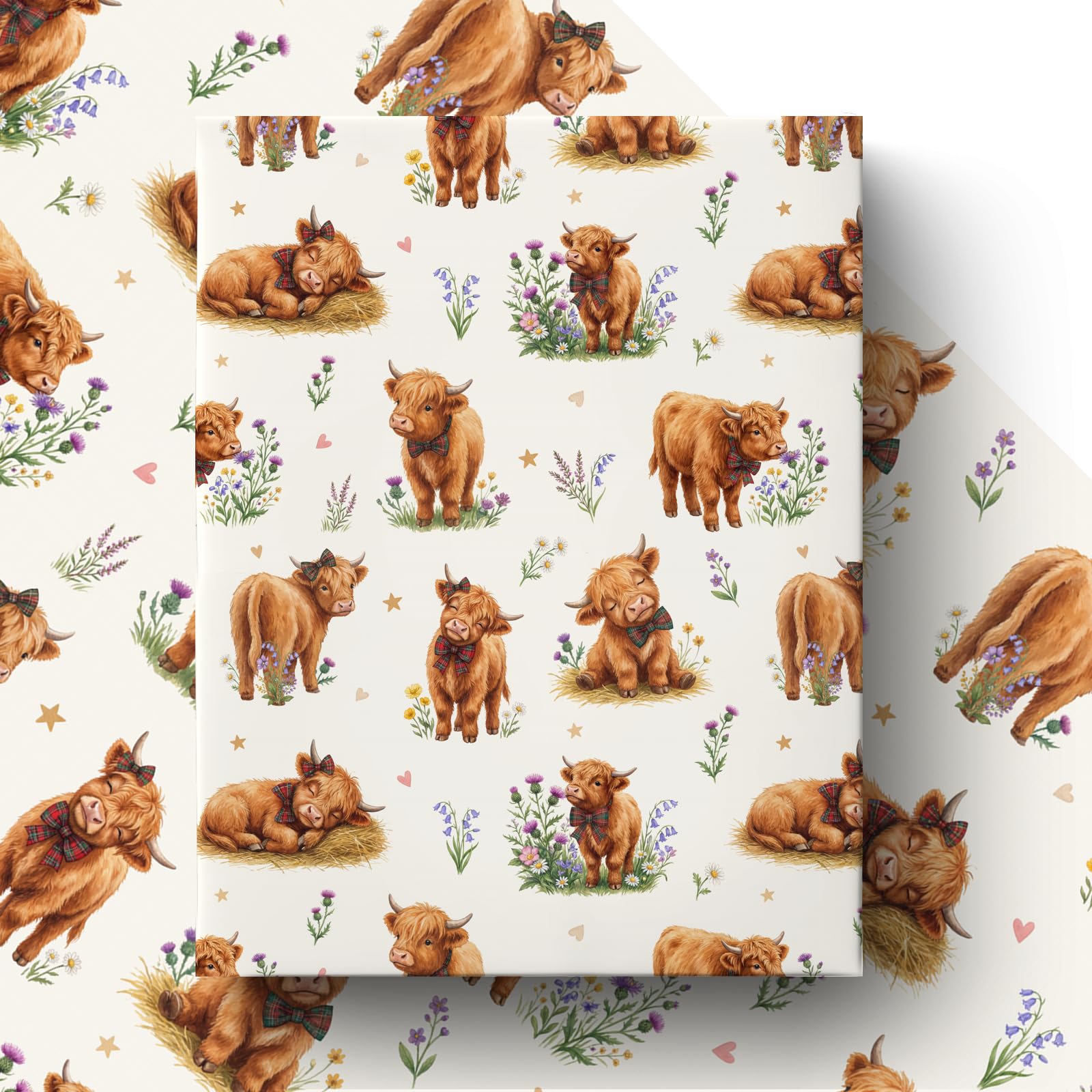GleeWrap Highland Cow Wrapping Paper - 4 Sheets 50x70cm, Cute British Bow Highland Gift Wrap for Birthday, Baby Shower