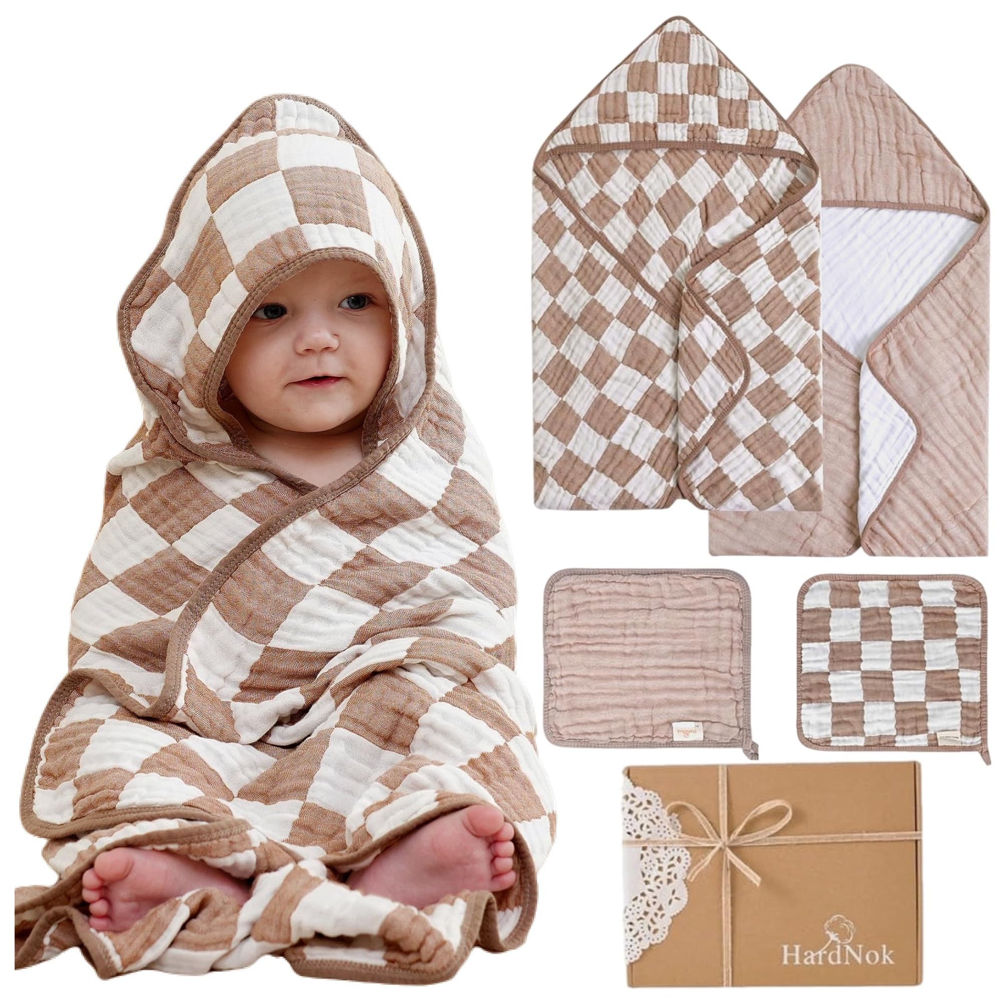 HardNok 4-Pc Ultra-Soft Muslin Baby Towel Set - Bath & Beach, (Coffee Checkered, 32“x32)