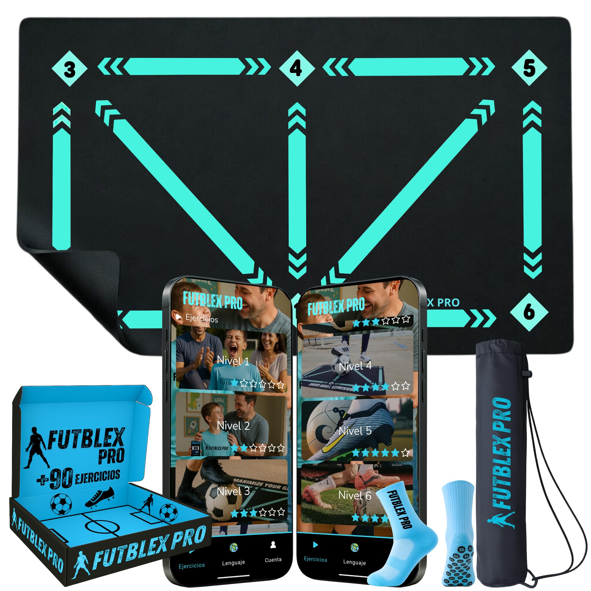 Football Training Mat – Includes Training App with Interactive Videos and Progressive Routines + Non-Slip Stockings, Carry Bag and Premium Gift Box