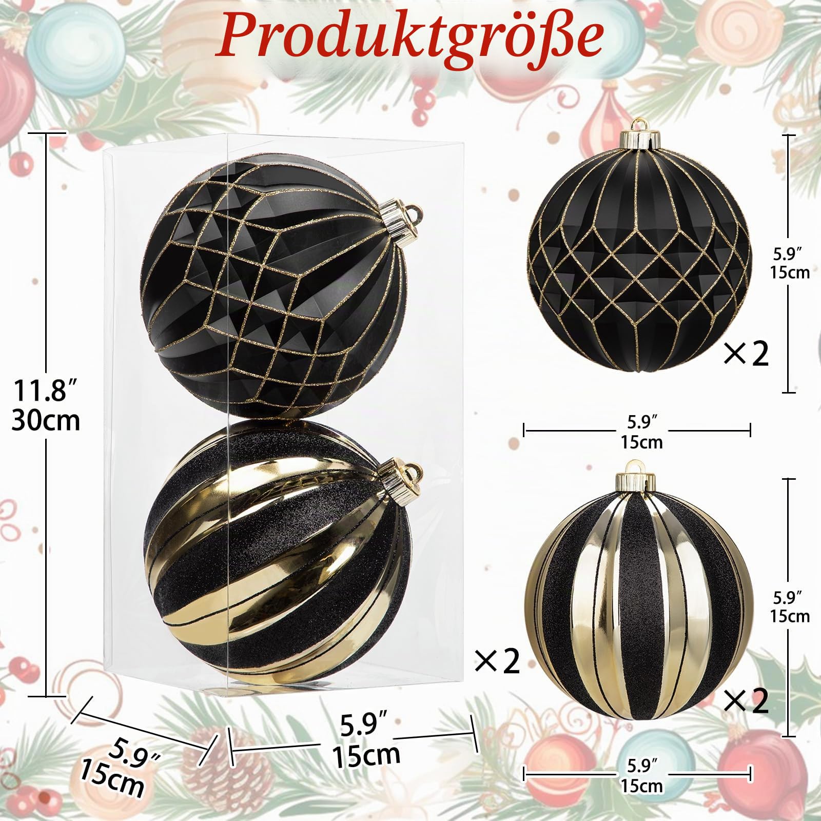 Ø15CM 2er-Set Große Christbaumkugeln Deko Weihnachten, Baumschmuck Weihnachtskugeln für Weihnachtsbaum, Weihnachtsbaumschmuck, Schwarz
